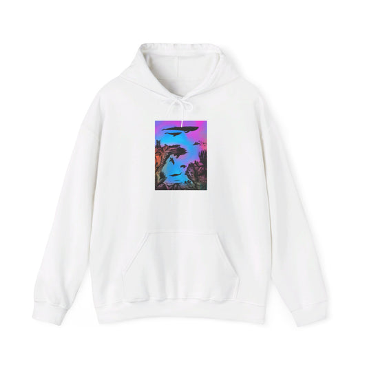 This is the White Into the Abyss Heavy Blend Hooded Sweatshirt by Lee Hansheng Studios. It comes in sizes S-5XL. The image shows the sweatshirt from the front. The illustration is a rectangular shape of an underwater seascape with aquatic plants on a marbled background. There are two blue whales, 1 goblin shark, school of eagle rays, two sea turtles and a school of fish. There is a kangaroo pocket. There is hemming on the wrists and end of it. The image is against a white background.