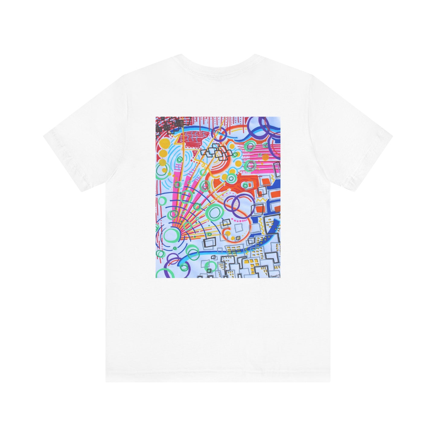 This is the White The City Jersey T-Shirt by Storm Garden Studio. This showcases the back of the shirt. The image is from the upper back to the mid waist. The illustration is rectangular shaped and  has multitude of colors like blue, red, pink, yello, green and light blue. It is an abstract image with bluding shpaes, circles and squiggles. This is against a white background.