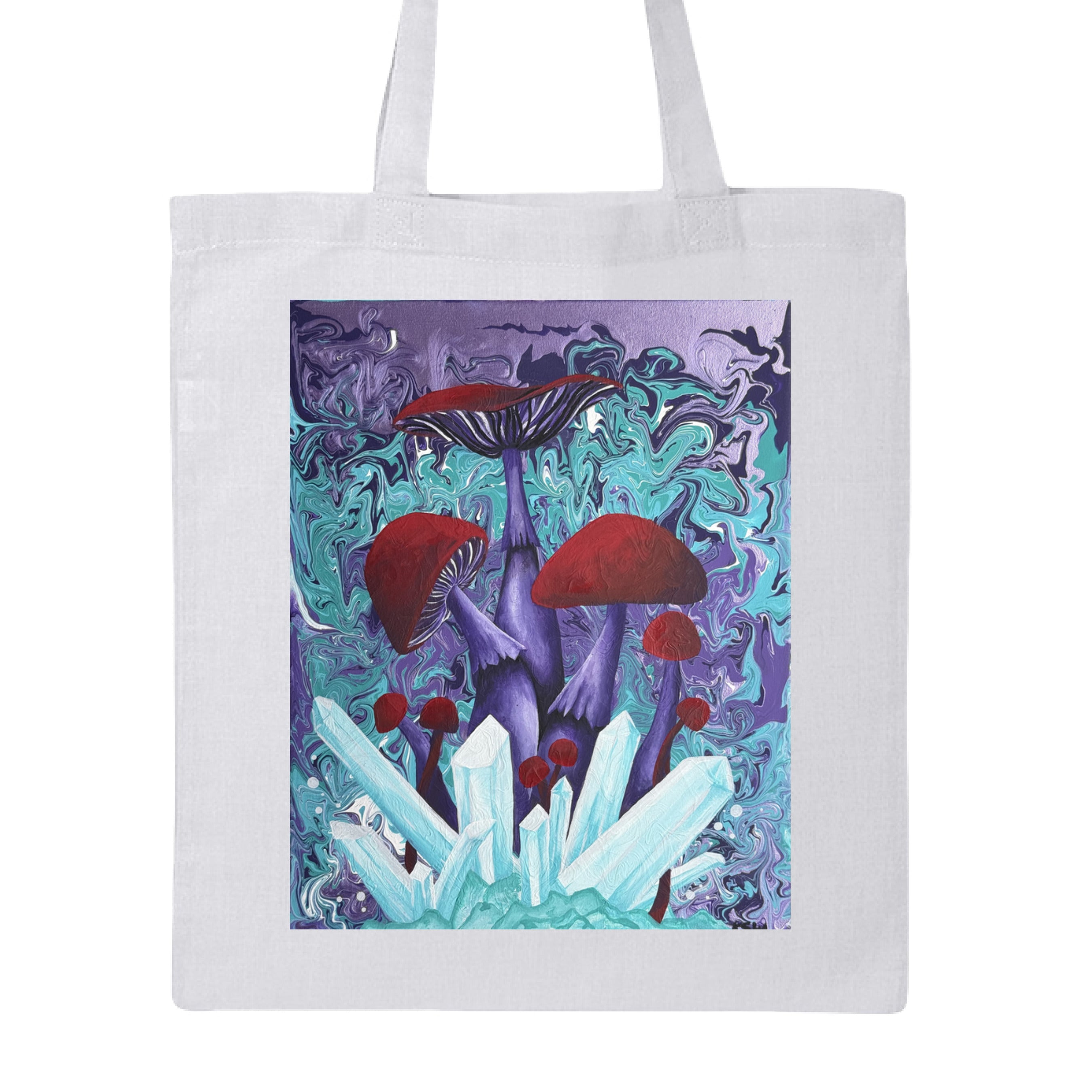 Crystal mushroom illustrations on canvas tote bag with blue and green watercolor background, branded by The Art Collective