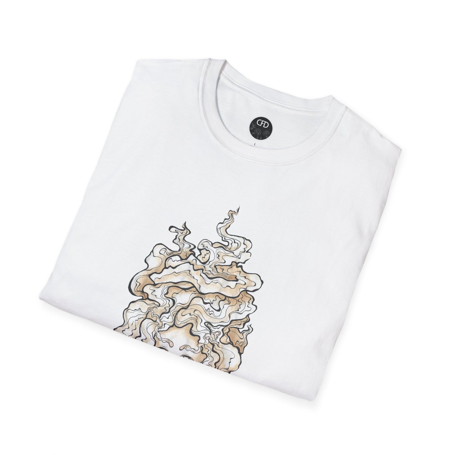 This is the White Earl Grey Softstyle T-Shirt by Chris Foster Design. It comes in sizes XS-5XL. The image showcases the front of the shirt folded. The illustration that can be seen is the steam is swirly and goes up and outwards. In the middle is a lady's face that is seen a little. The inside of the shirt has the Chris Foster Design circular logo in black, flowers and writing is white. The size label is black The t-shirt is against a white background.