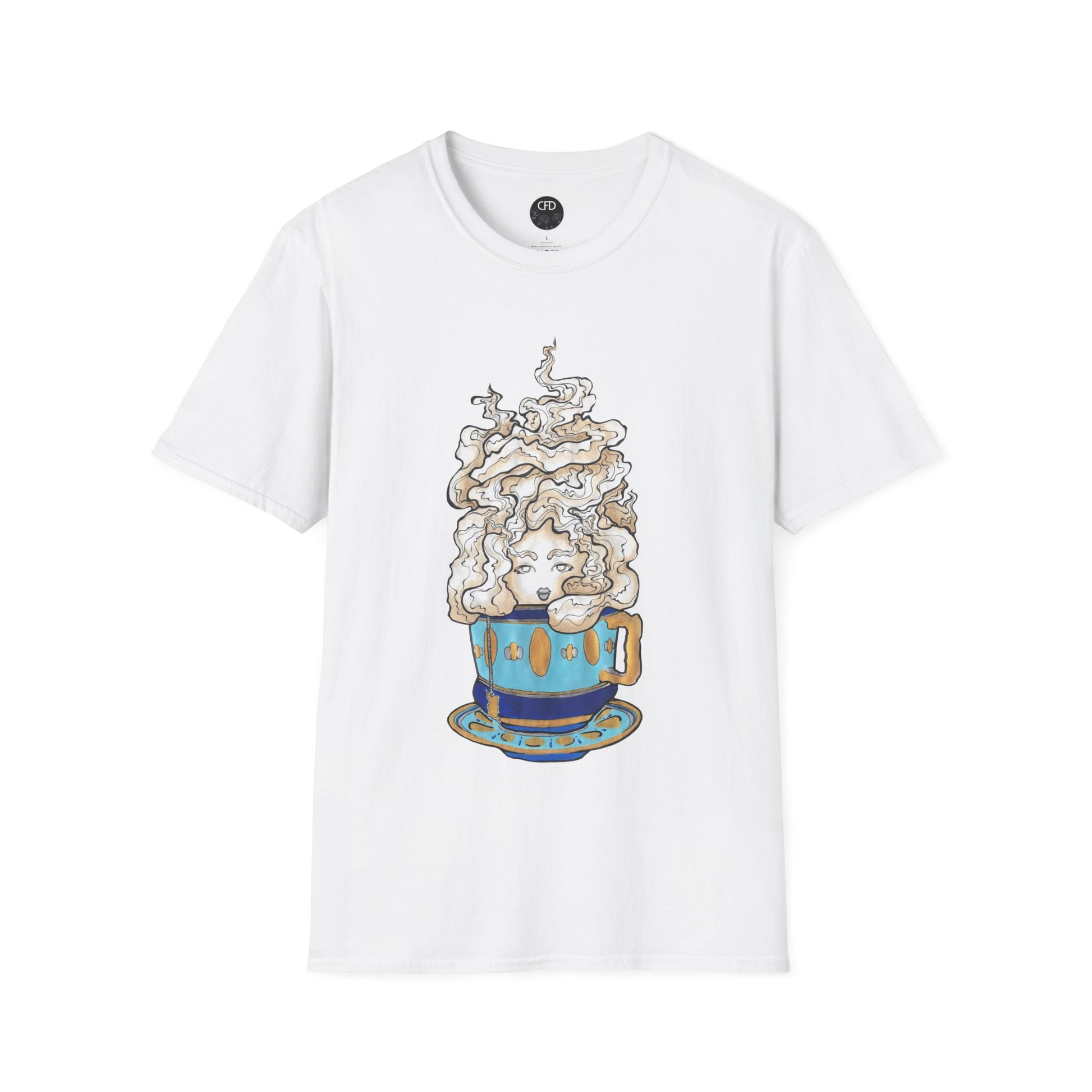 This is the White Earl Grey Softstyle T-Shirt by Chris Foster Design. It comes in sizes XS-5XL. The image showcases the front of the shirt. The illustration is of a gold, light blue and dark blue teacup with a tan, yellow and white steam. The steam is swirly and goes up and outwards. In the middle is a lady's face. The t-shirt is against a white background.