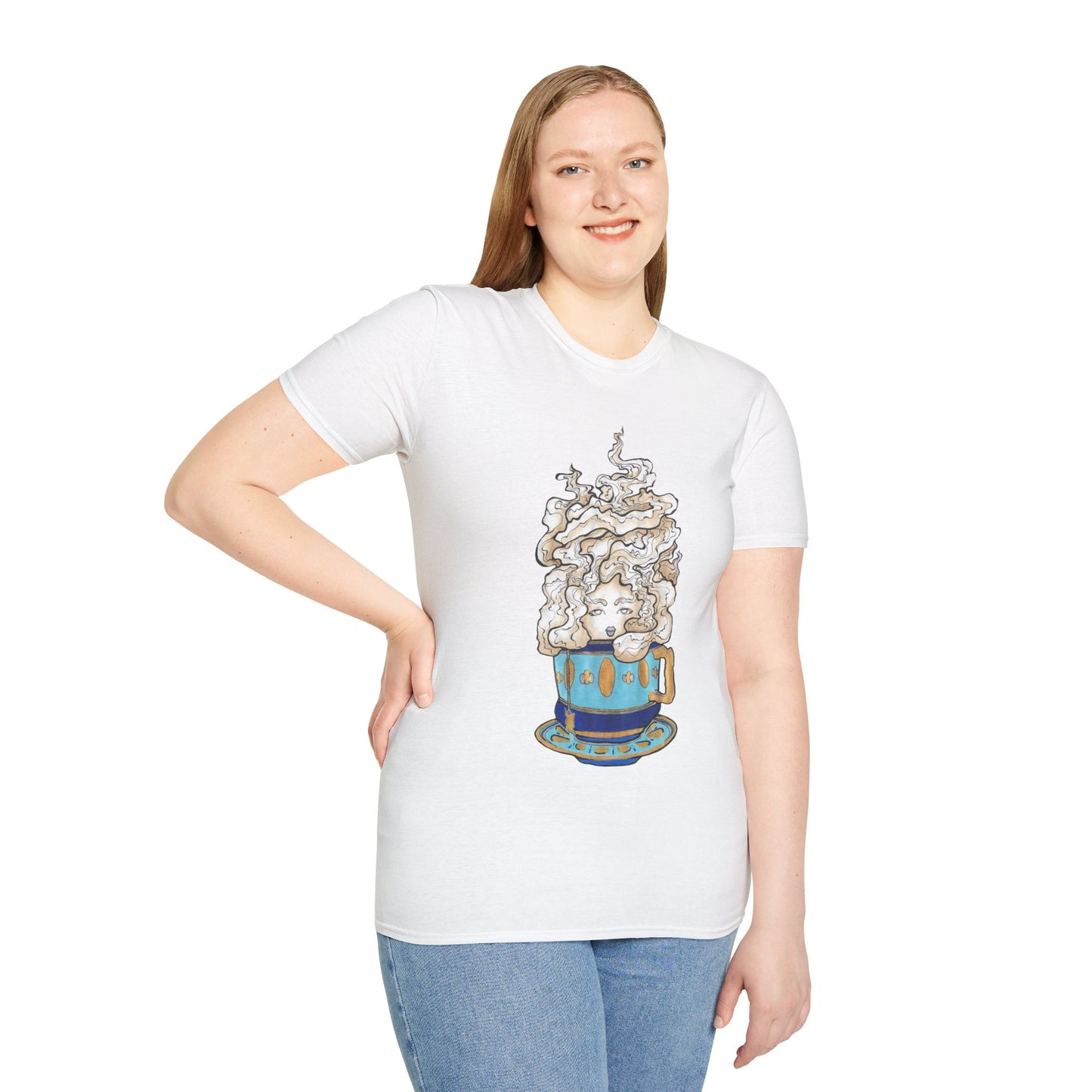 This is the White Earl Grey Softstyle T-Shirt by Chris Foster Design. It comes in sizes XS-5XL. The illustration is of a gold, light blue and dark blue teacup with a tan, yellow and white steam. The steam is swirly and goes up and outwards. In the middle is a lady's face. A smiling lady facing the front with her head tilted slightly to the left, hair behind shoulders, right hand on waist, other hand hanging naturally and is wearing dark jeans and the designed t-shirt. 