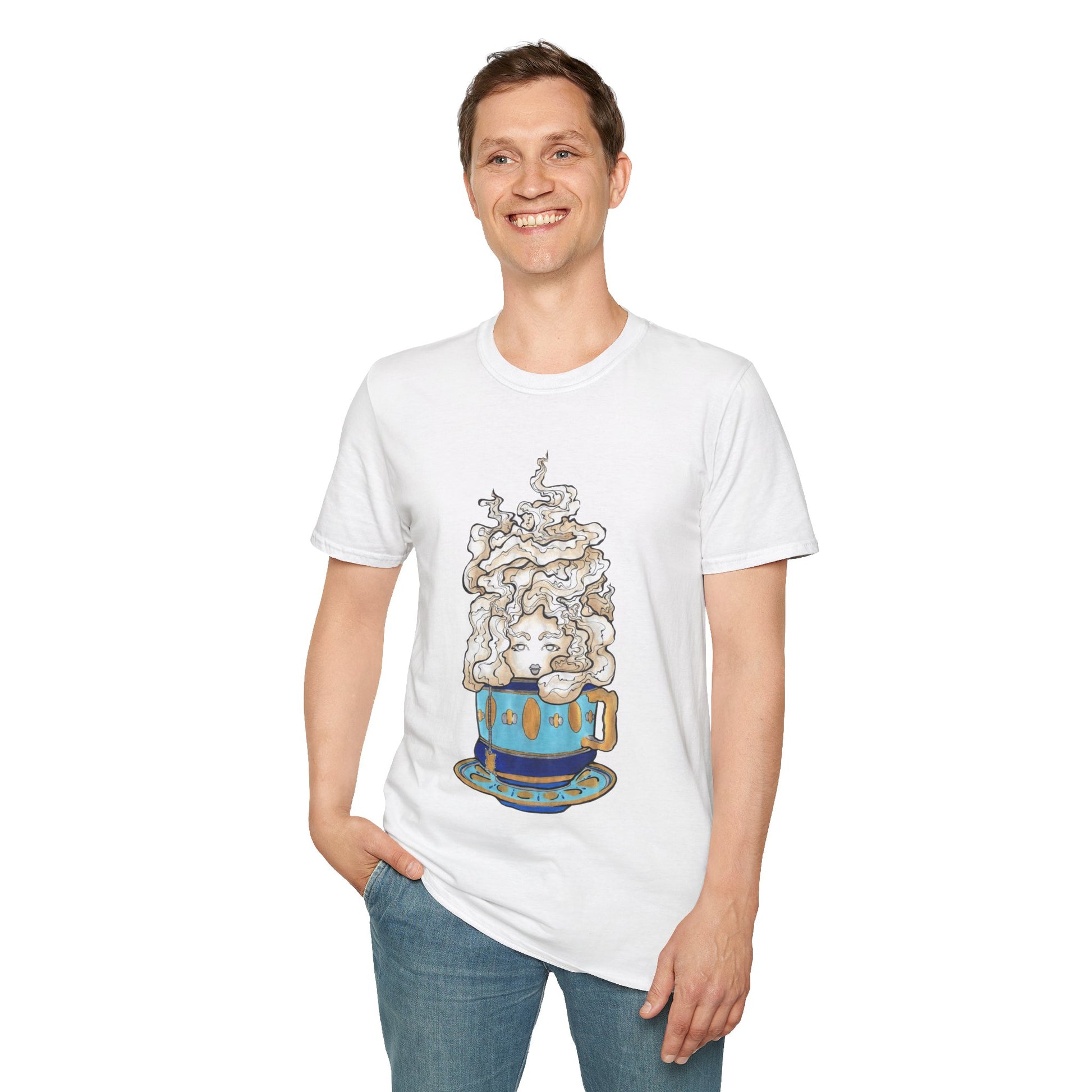 This is the White Earl Grey Softstyle T-Shirt by Chris Foster Design. It comes in sizes XS-5XL. The illustration is of a gold, light blue and dark blue teacup with a tan, yellow and white steam. The steam is swirly and goes up and outwards. In the middle is a lady's face. A smiling man has his right hand in the jean pocket wearing the shirt and the other hand by his side. He is slightly looking to the left while standing against a white background.