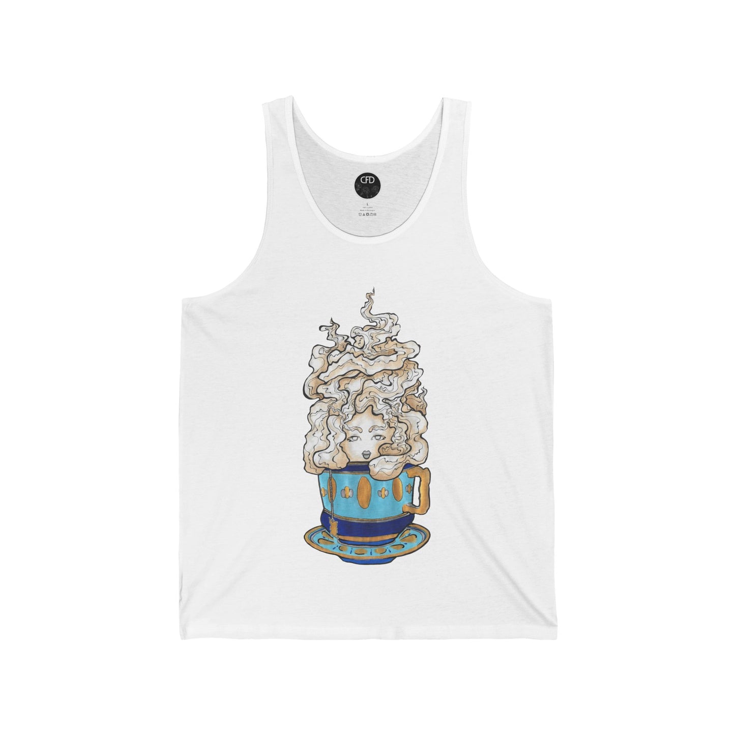 This is the White Earl Grey Tank by Chris Foster Design. This showcases the front of the tank. The illustration is of a gold, light blue and dark blue teacup with a tan, yellow and white steam. The steam is swirly and goes up and outwards. In the middle is a lady's face. The circular studio logo is on the inside of the tank printed in white, the size label is printed in black. It is against a white background.