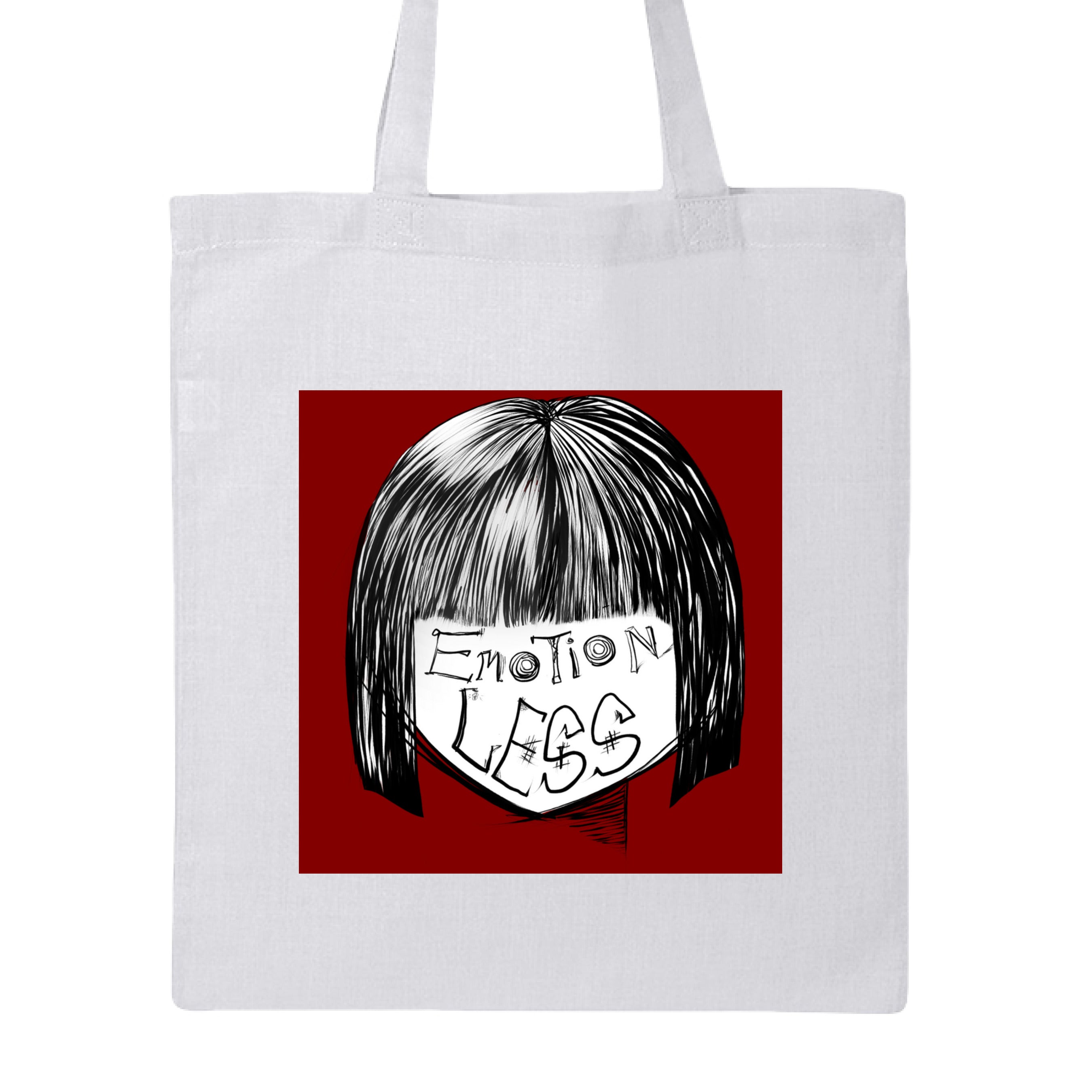 Emotionless canvas tote bag by Lee Hansheng Studios, lightweight organic cotton with black printed text, 14x16 inches