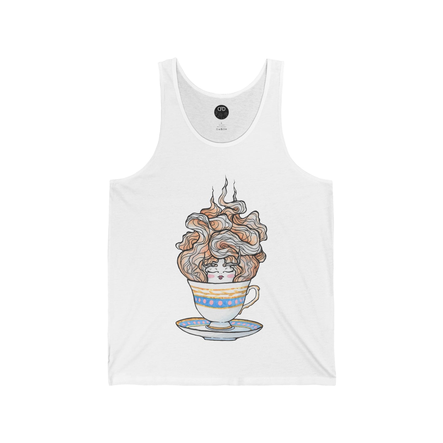 This is the White English Breakfast Tea Tank by Chris Foster Design. It comes in sizes XS-2XL. This is an image of the front with a circular CFD logo in white lettering and black background. The size label is below the logo in black. A teacup that is light blue, yellow and white with light pink, white and red steam that is going upwards. There is a lady's face in the middle and beginning of the teacup with her eyes closed, red lips, blushing pink cheeks. and eyebrows that go upward. 