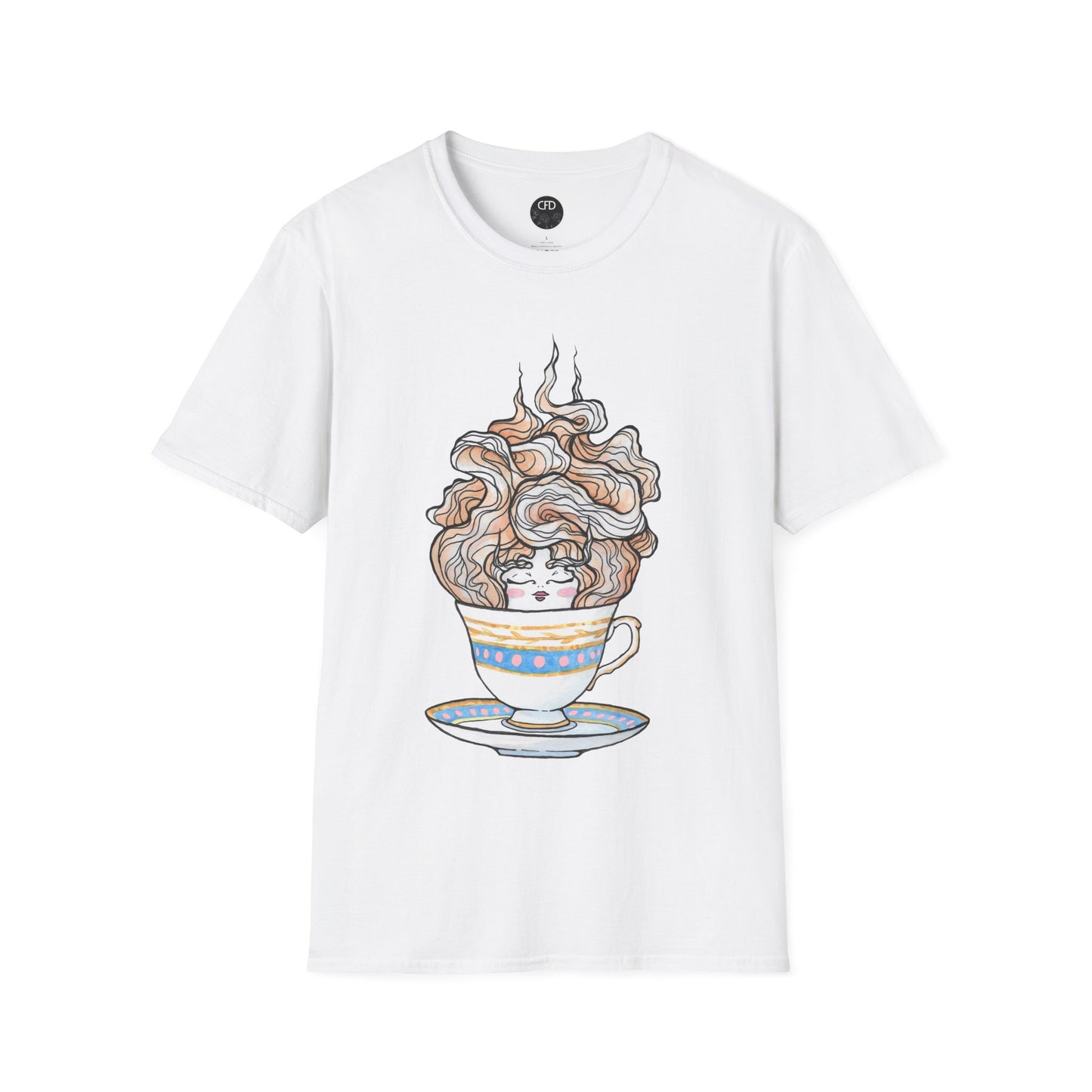 This is the White English Breakfast Tea T-Shirt by Chris Foster Design. It comes in sizes XS-5XL. This is an image of the front with a circular CFD logo in white lettering and black background. The size label is below the logo in black. A teacup that is light blue, yellow and white with light pink, white and red steam that is going upwards. There is a lady's face in the middle and beginning of the teacup with her eyes closed, red lips, blushing pink cheeks. and eyebrows that go upward. 