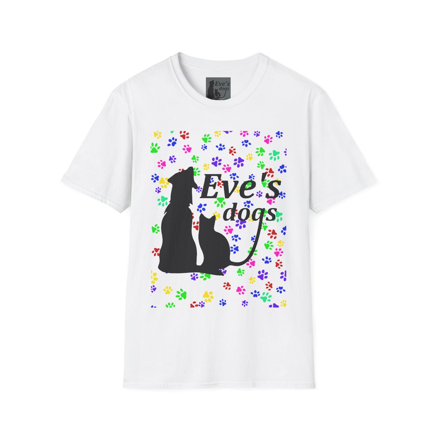 This is the White Adopt Eve's Dogs T-Shirt. It comes in XS - 5XL. This is an image of the front of the shirt. The size label is a grey and black tag with a dog and cat with the "Eve's dogs" writing. The front has pink, green, blue, purple, red paw prints in different sizes. Also, the dog and cat with "Eve's dogs" printed in black. The illustration has a clear background so you see the paw prints, animals and the text print on color of shift. The shirt is against a white background.