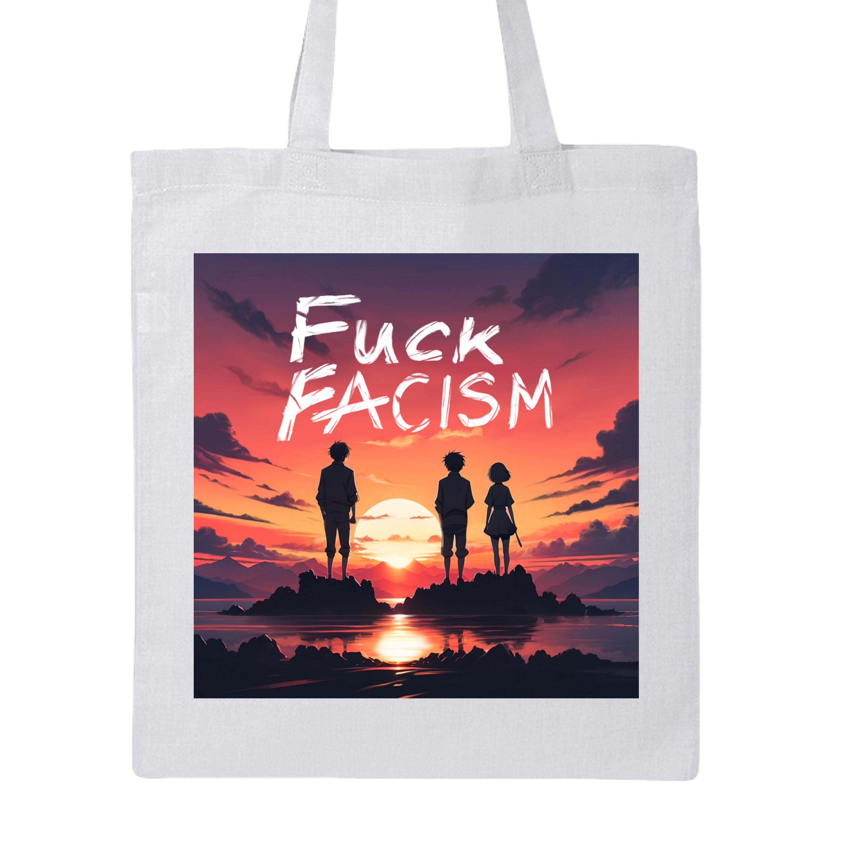 Canvas tote bag with "Fuck Fascism" slogan in black ink, organic cotton material, Lee Hansheng Studios, durable textured