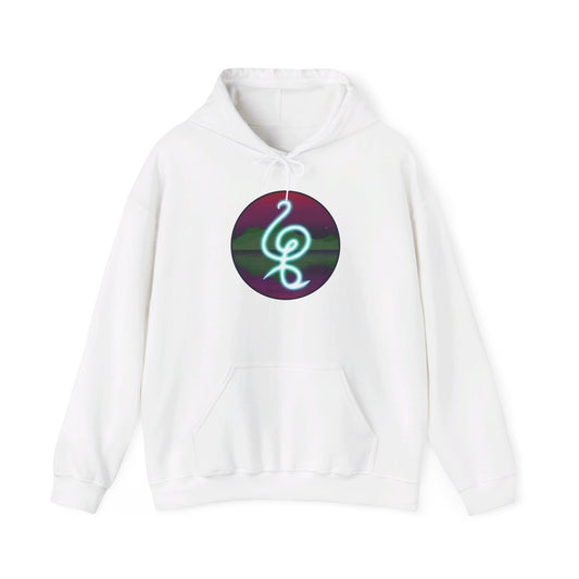 This is the White Hakuna Matata Unisex Heavy Blend Hooded Sweatshirt by Lee Hansheng Studios. This is the image of it from the front.This comes in sizes S- 5XL. The drawstring is color matched and tied. This illustration is an oval image on with the "There are no worries" in Swahili and bright light blue.Behind the symbol is a landscape with dark green mountains, reflected in the water,clear pink/purple sky with a couple of stars.The illustration is on the upper back and the studio logo is below it.