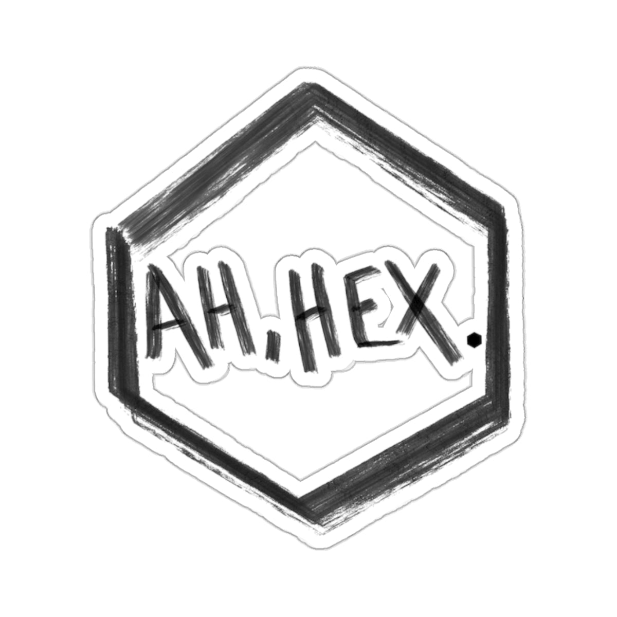 This is the White 2" x 2" Ah, Hex Kiss-Cut Sticker by Tidy Tea Witch. The writing is in black and says. "AH, HEX." in the middle of the sticker. There is no illustration or image on it but is hexsagon shaped. It is against a white background.