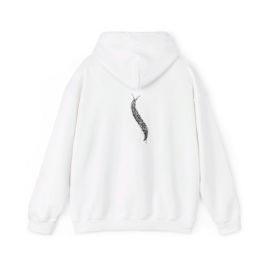 This is the Leopard Slug Heavy Blend Hooded Sweatshirt by Storm Garden Studio. The sizes come in S-5XL. This is an image of the back of the sweatshirt with the hood down. The image of the leopard slug is from the upper back to upper hip area. It is just below the hood and printed in black. There is a small slug trail and then the slug. There is hemming on the wrists and end of the sweatshirt. It is against a white background.
