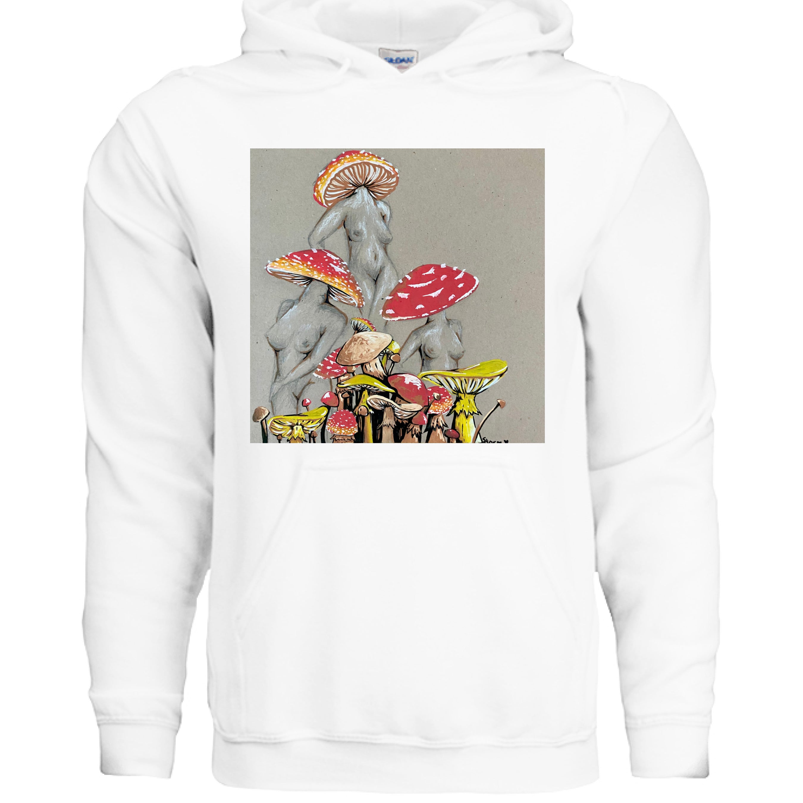 Miss Amanita cotton hoodie with relaxed fit, mushroom print, crew neckline, long sleeves, in forest green, by The Art