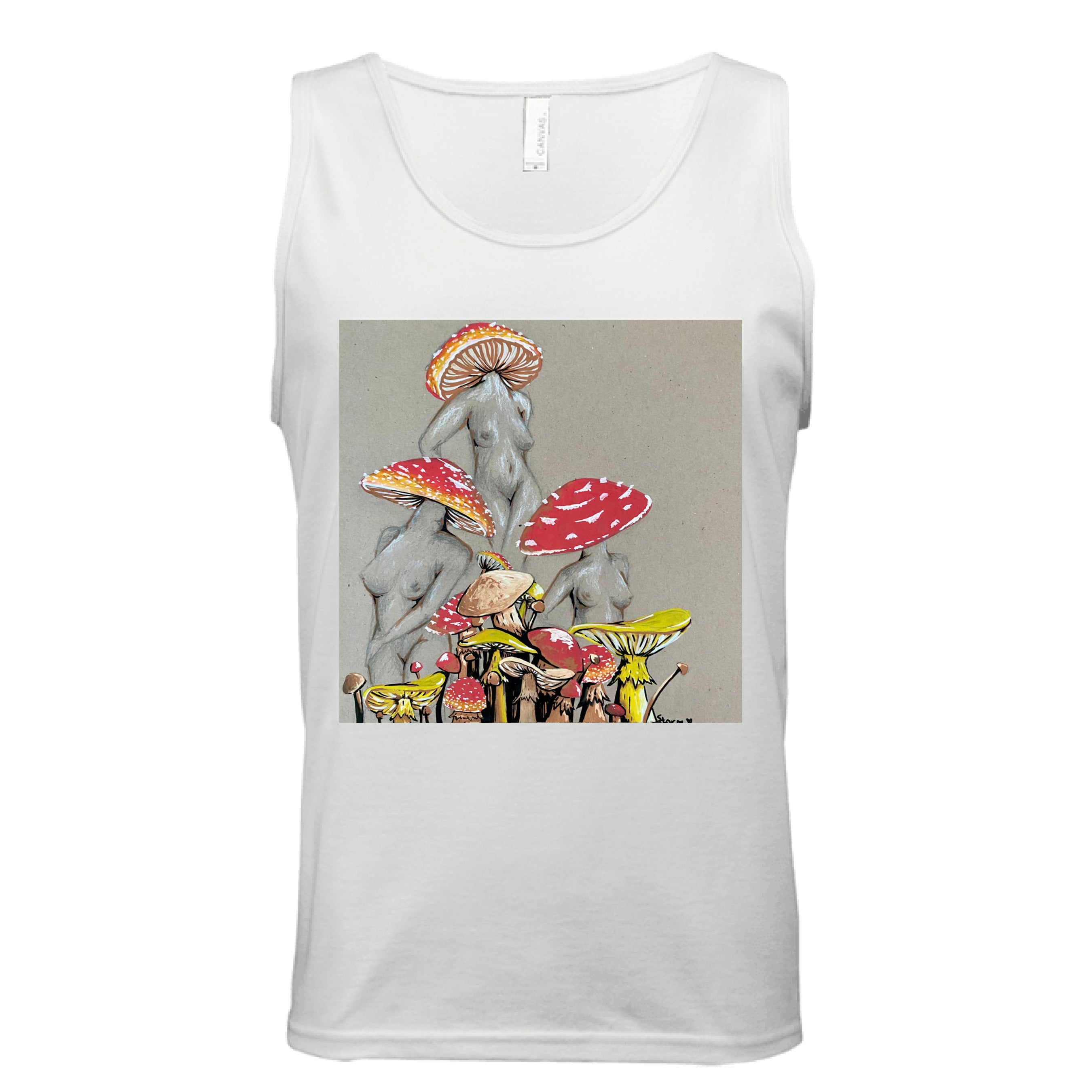 Miss Amanita tank top by The Art Collective International, relaxed fit, white cotton blend with mushroom pattern