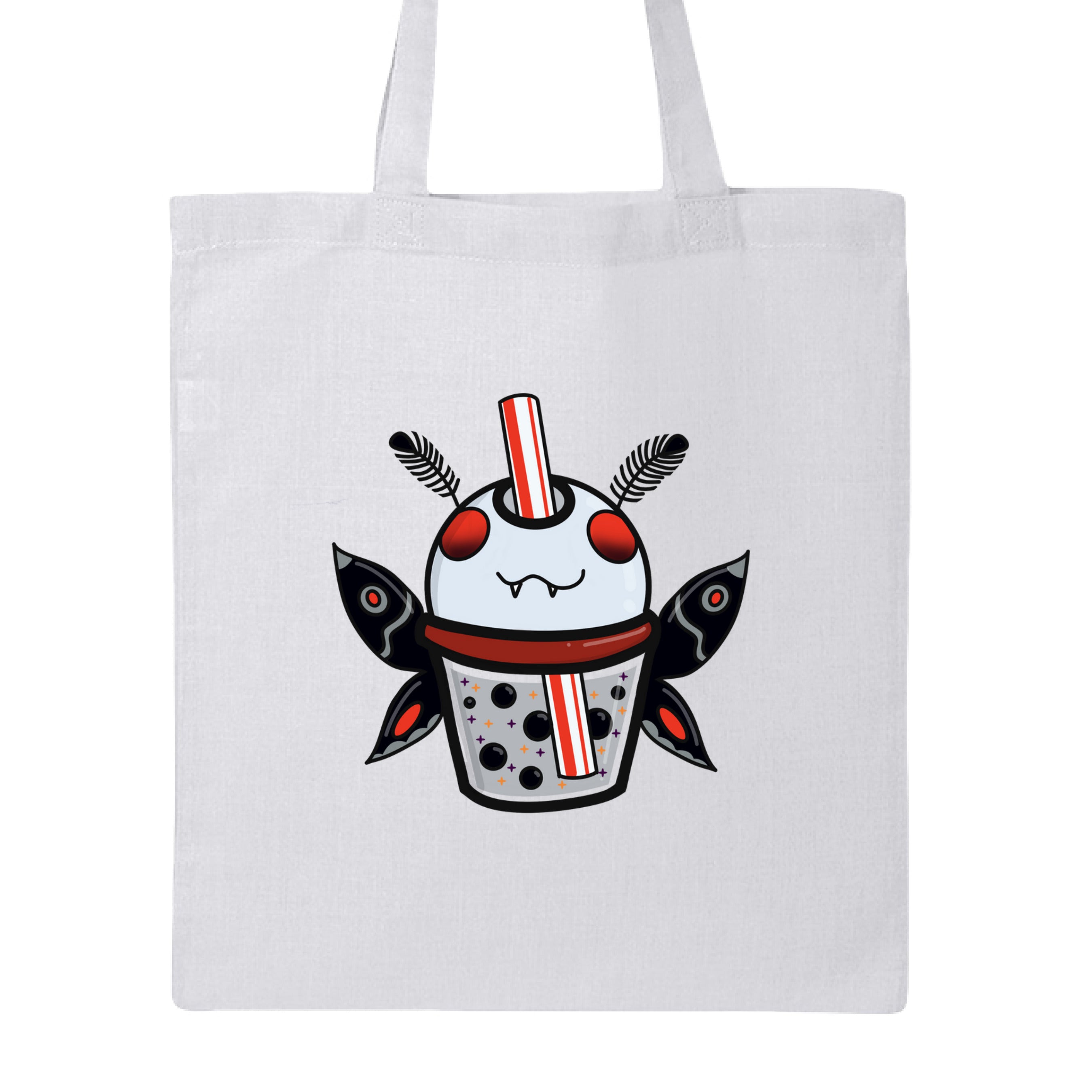 Dazzle & Dagger Design Mothman Boba tote bag featuring black canvas with vibrant Dazzle and Daggers artwork, reinforced