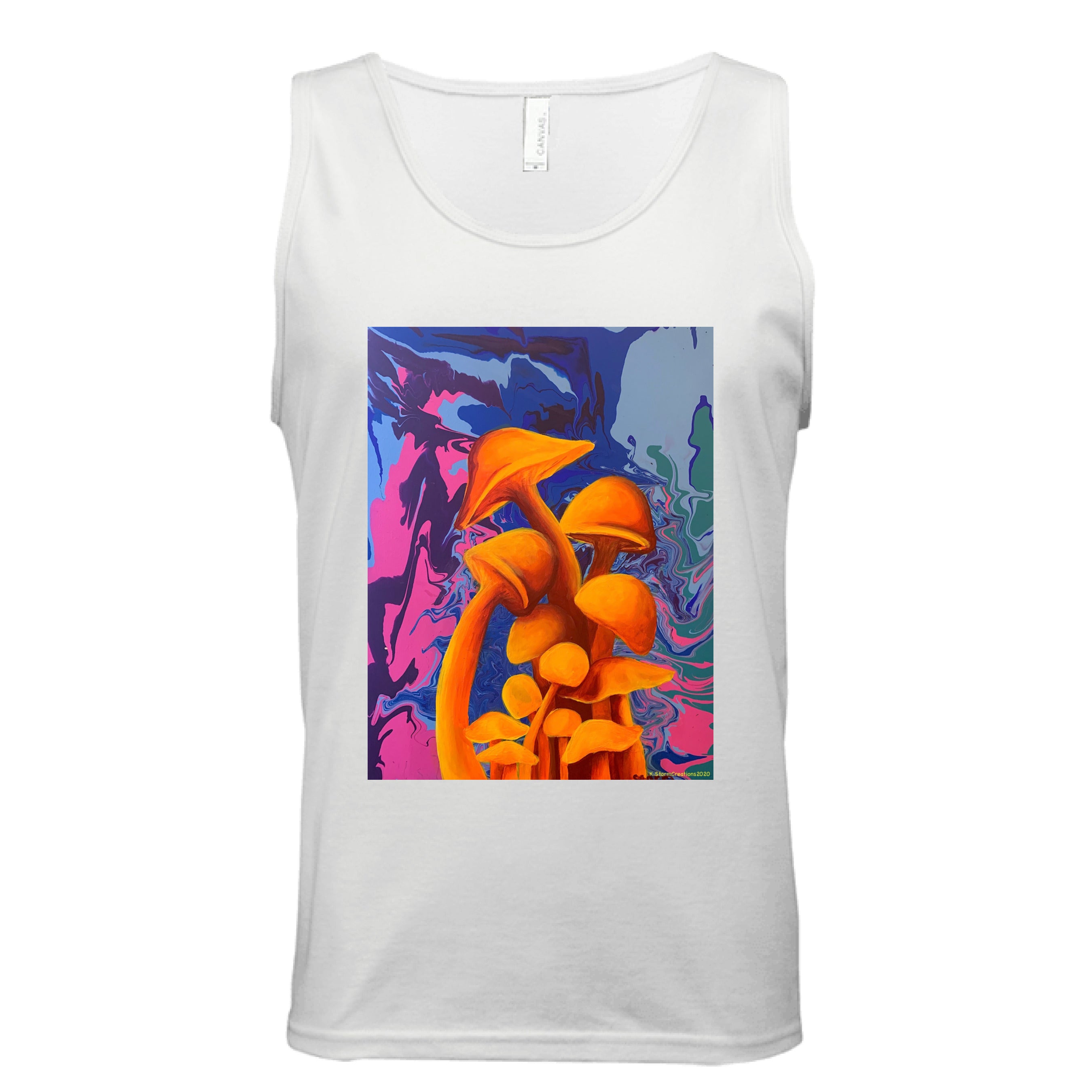 The Art Collective International mushroom-themed tank top in relaxed fit, white cotton fabric with colorful fungi print and