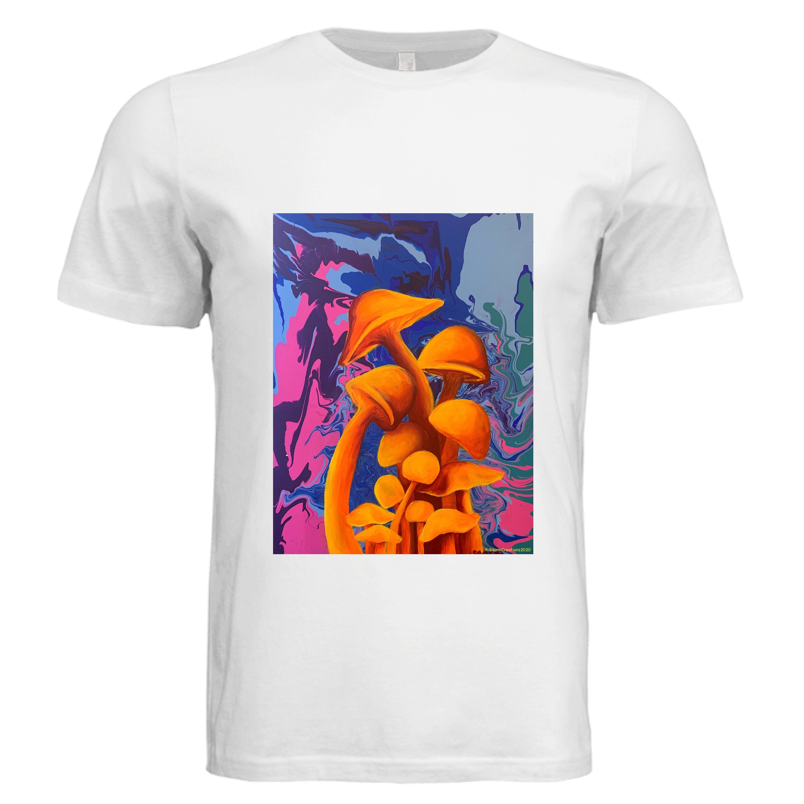 The Art Collective International mushroom graphic cotton T-shirt, relaxed fit, white with colorful fungi pattern, crew