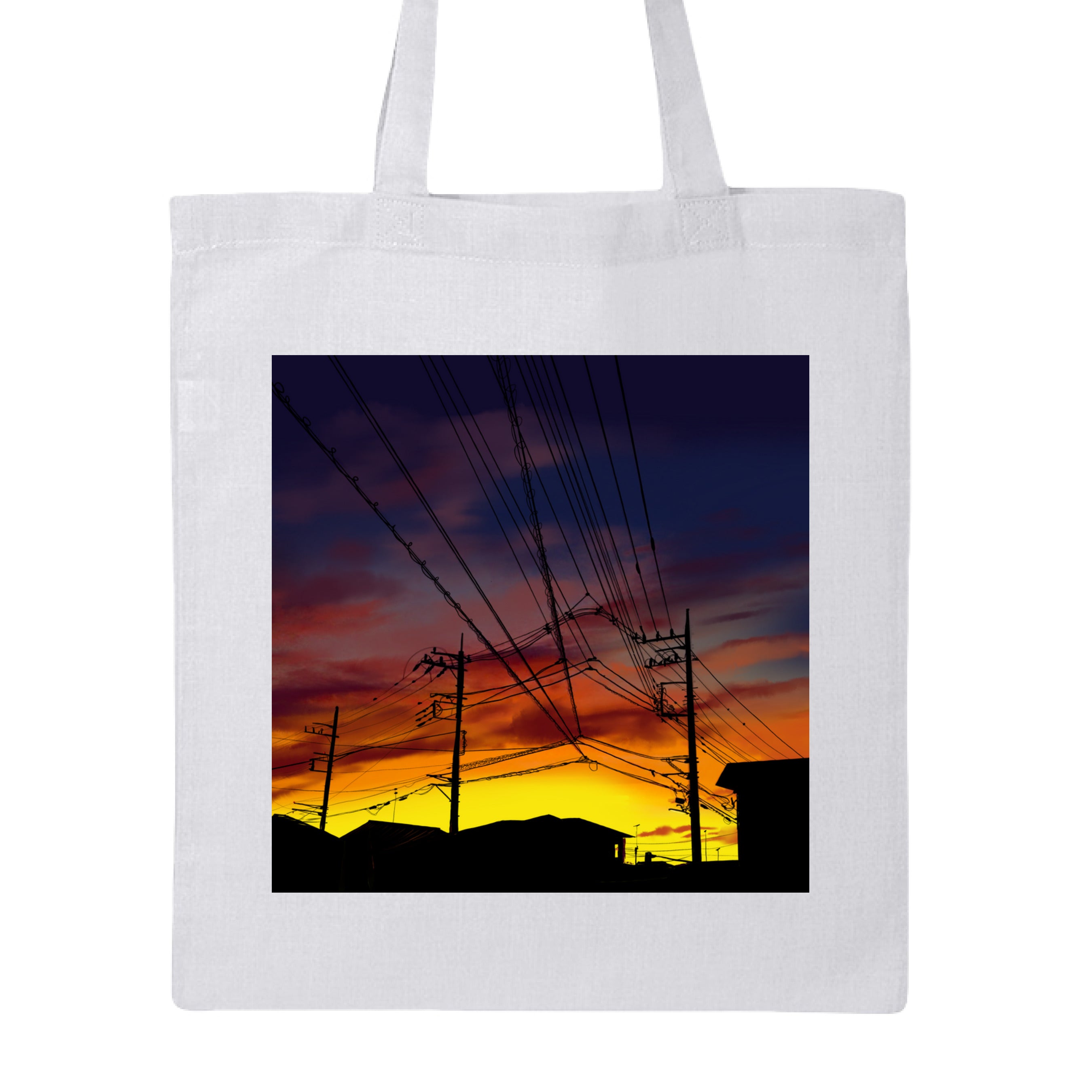 Saitama Sunset canvas tote bag with vibrant orange and yellow sunset design, organic cotton fabric, reinforced handles, The