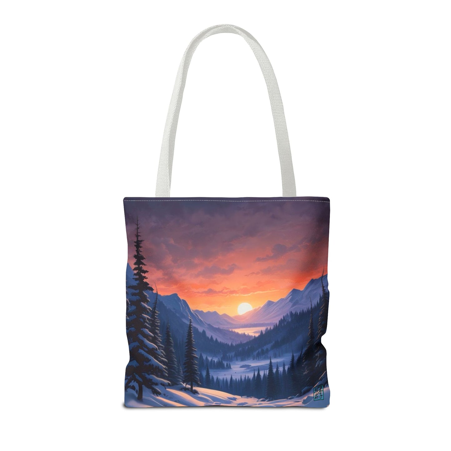 The White 16" x 16" Snow Valley Tote Bag has color matched handles and all around print. The tote is against a white background.The design by Lee Hansheng Studios showcases a snowy hill/mountain area with large pine trees on both sides continuing into the horizon. The sun rises past the horizon consisting of yellow,orange,red hues illuminating onto wispy clouds,snowy field, mountains and dark green pine trees. 