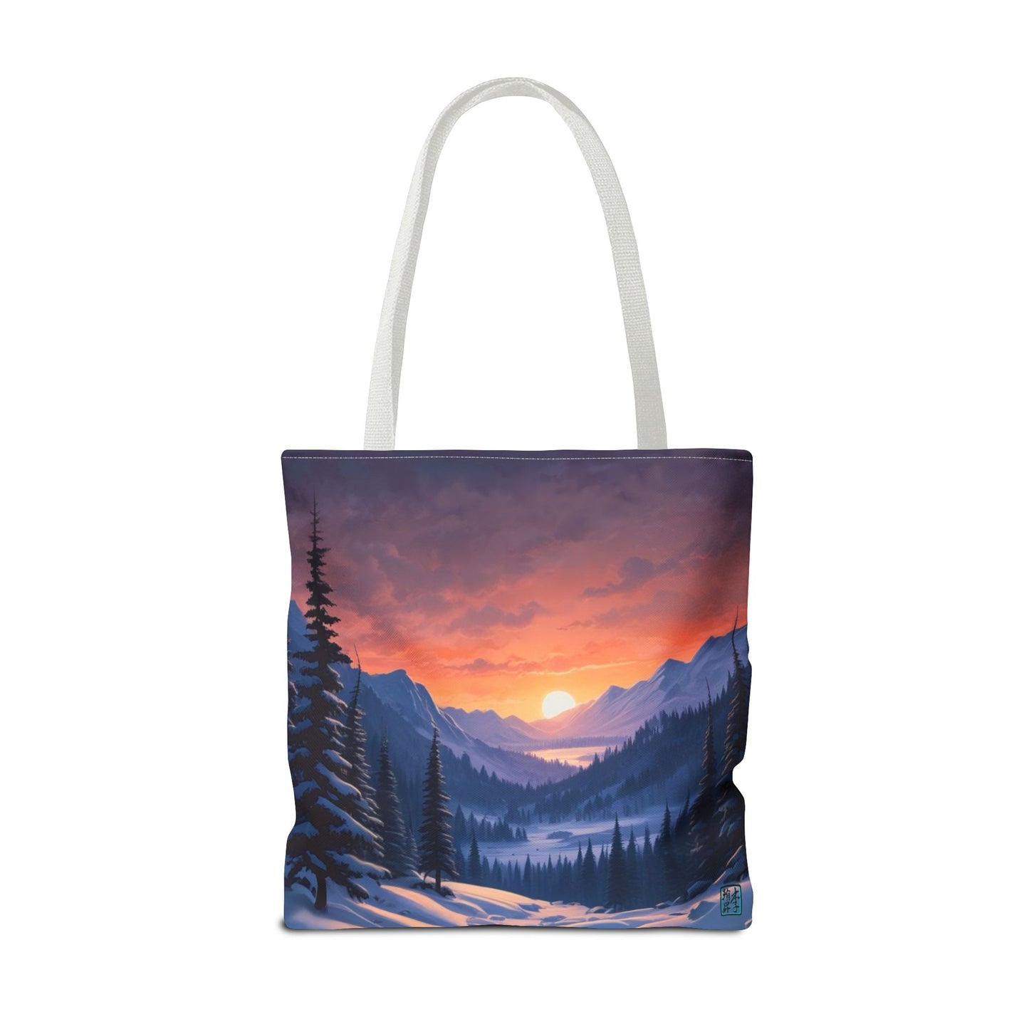 The White 18" x 18" Snow Valley Tote Bag has color matched handles and all around print. The tote is against a white background.The design by Lee Hansheng Studios showcases a snowy hill/mountain area with large pine trees on both sides continuing into the horizon. The sun rises past the horizon consisting of yellow,orange,red hues illuminating onto wispy clouds,snowy field, mountains and dark green pine trees. 