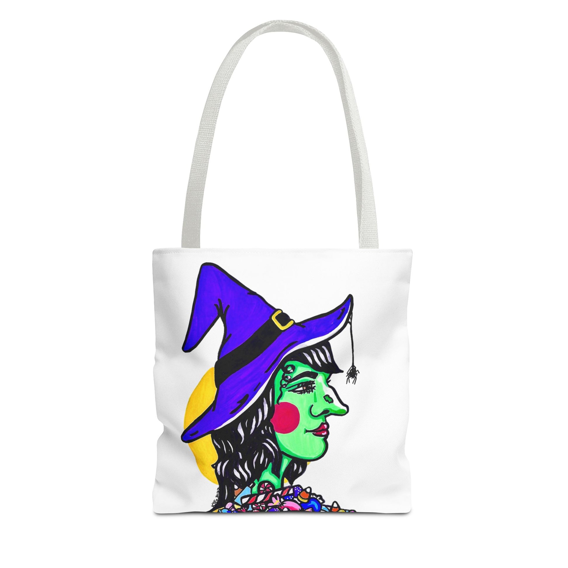 This is the White 13" x 13" Witch Tote Bag by Storm Garden Studio. The handles are color matched. The tote is all over white except for the illustration. It shows the side profile image of a witch. She is facing the right side. She has a purple witch hat with a black belt, yellow buckle, a spider crawling down the front, red rosy cheeks, red lips and assorted candy under the neck. Behind her is a bright yellow circle past her hair. The tote is against a white background.