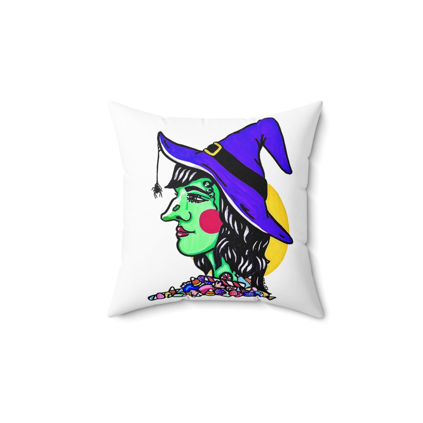 This is the 14" x 14" Witch Spun Polyester Square Pillow. This is the back side of the pillow. It shows the side profile image of a witch. She is facing the left side. She has a purple witch hat with a black belt, yellow buckle, a spider crawling down the front, red rosy cheeks, red lips and assorted candy under the illustration by the neck. Behind her is a bright yellow circle past her hair. The colors of the candy are red, white, orange, blue and purple. It is against a white background.