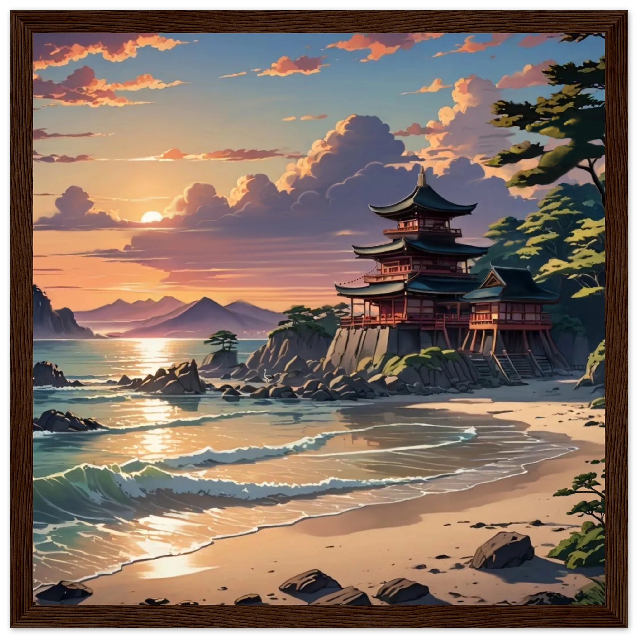 Close-up of the intricate wood grain framing detail surrounding the Temple of Peace poster, highlighting craftsmanship and