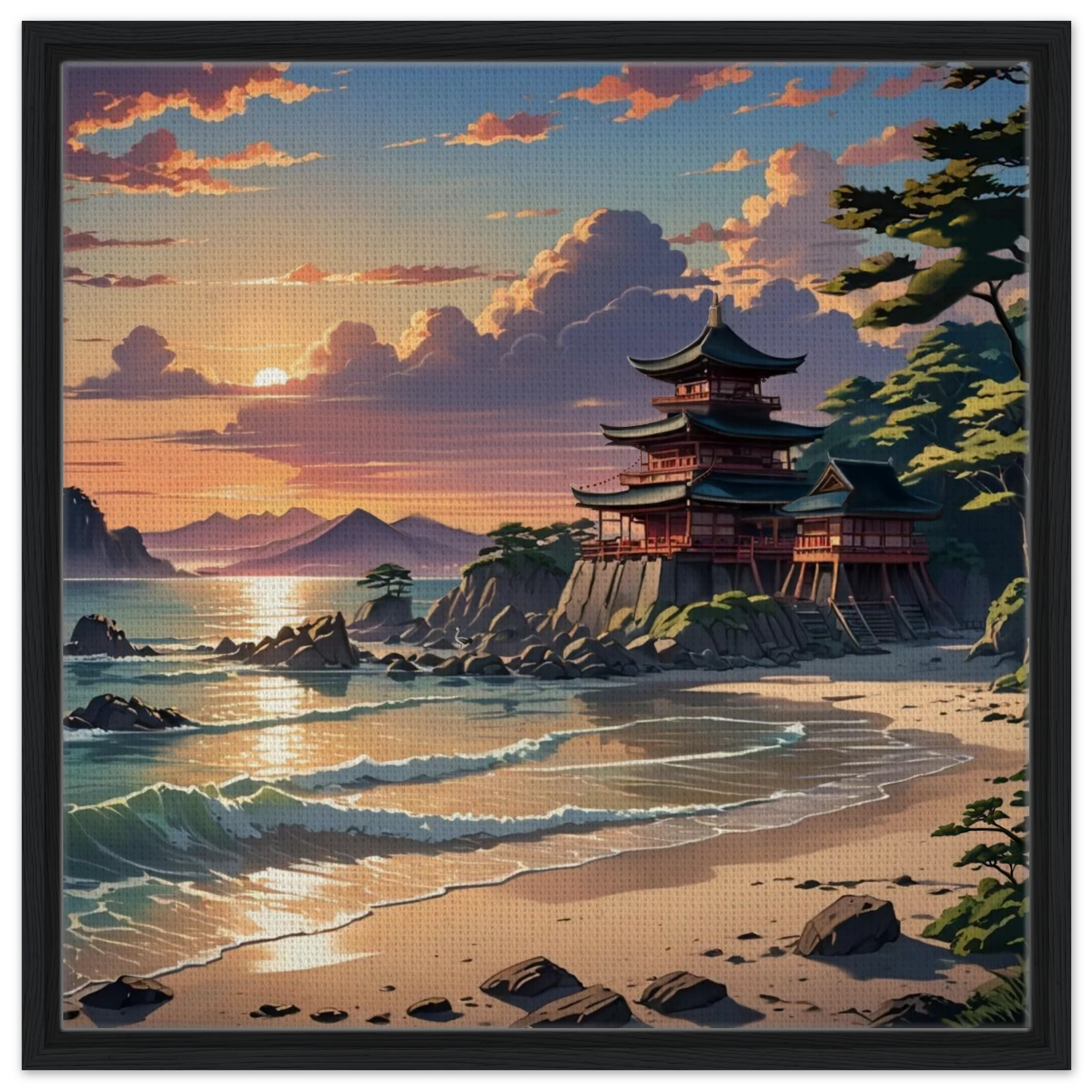 Close-up of framed canvas edge showing natural wood grain and beveled framing detail of "Temple of Peace" print.