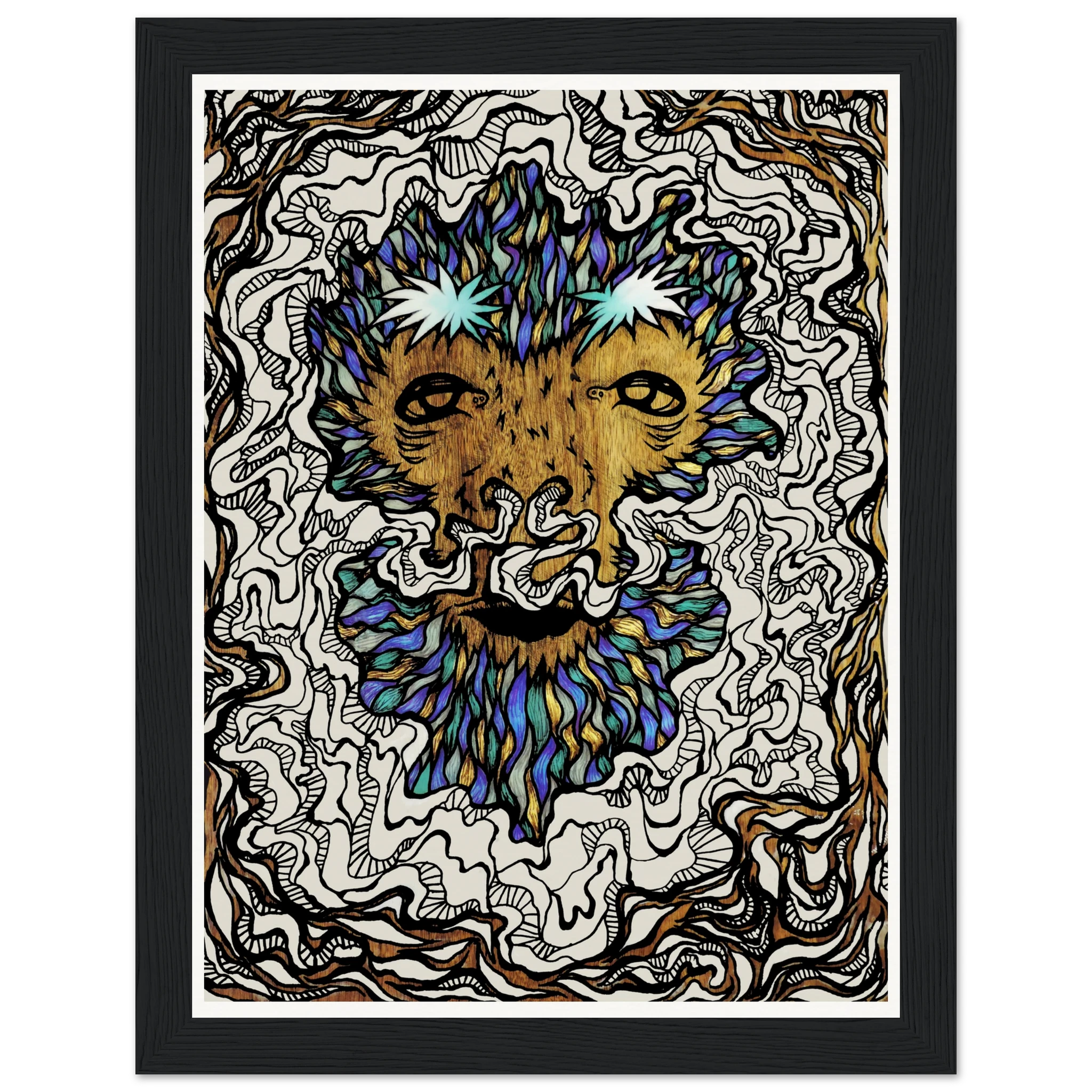 Close-up of the textured wooden frame with visible grain and weathered finish highlighting craftsmanship details.