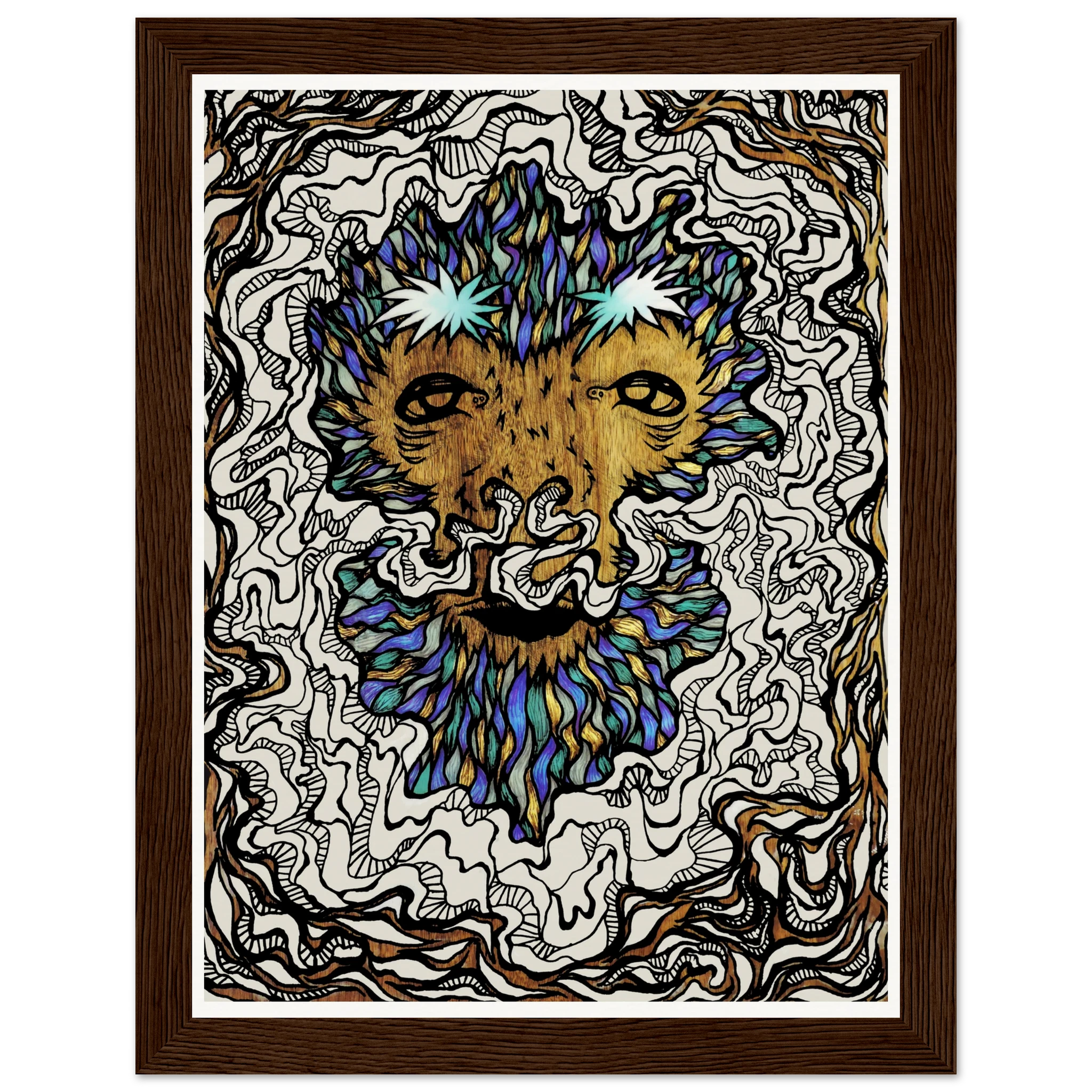 Close-up of the Winter Beast wooden frame showing textured grain and hand-painted brushstrokes in muted winter tones