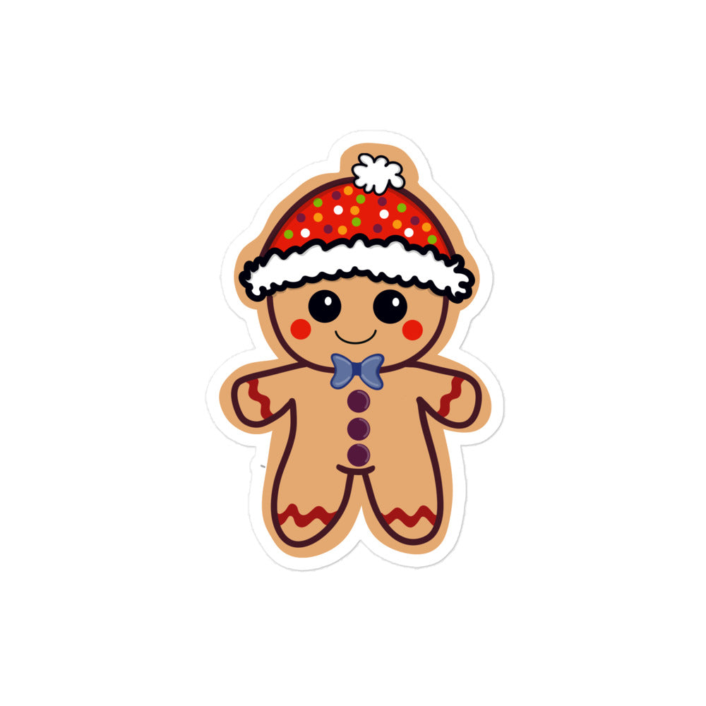 Close-up of the gingerbread man sticker’s textured frosting details and colorful icing accents on the front surface.