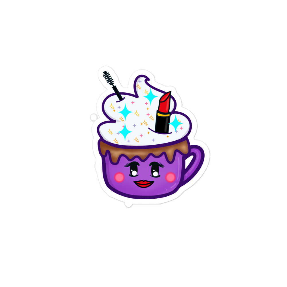 Close-up of the Girly Cocoa Cutie sticker’s vibrant pink and brown unicorn design with glossy finish and textured surface.