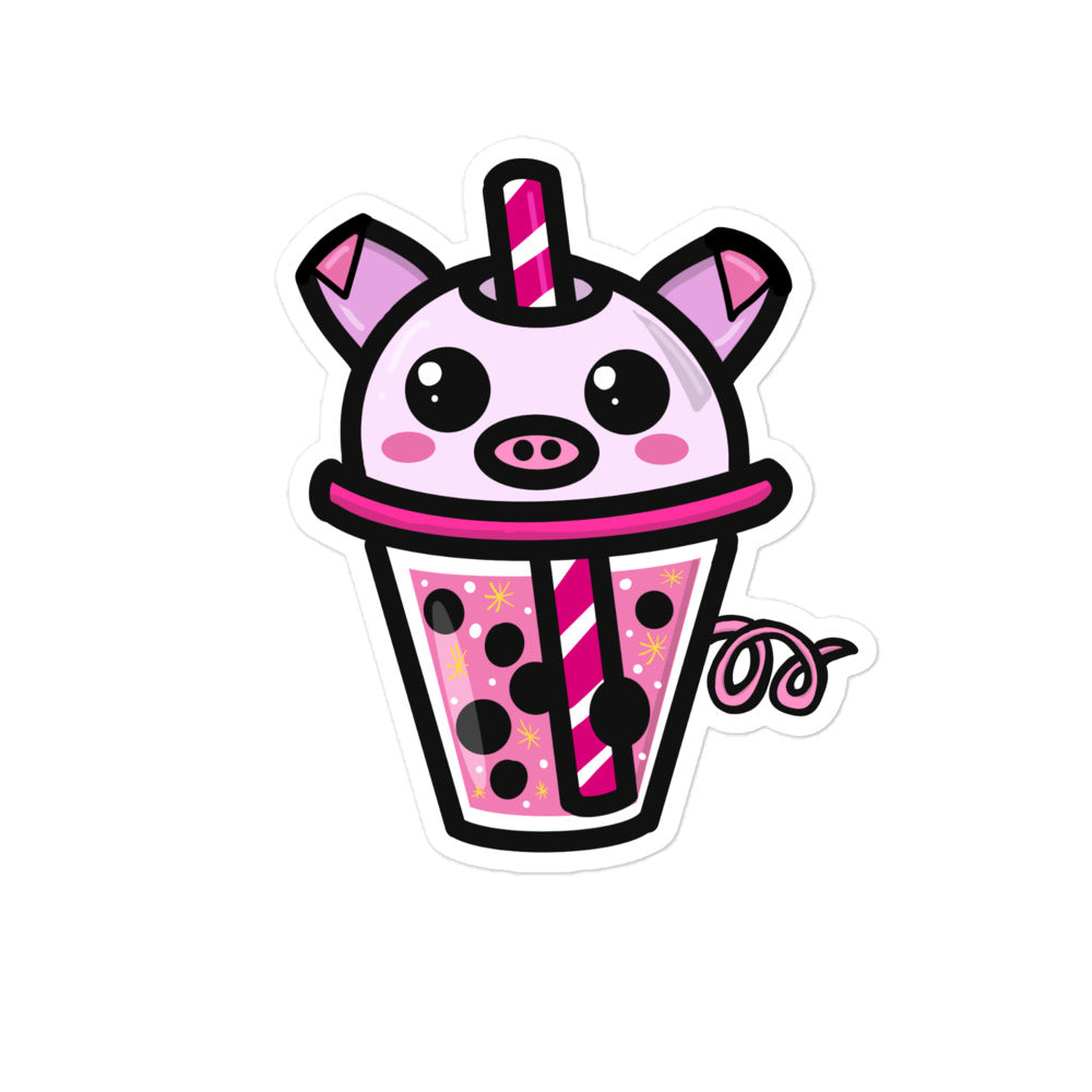 Close-up of the Piggy Boba sticker’s glossy surface and vibrant pink color, highlighting its textured, bubble-like details.