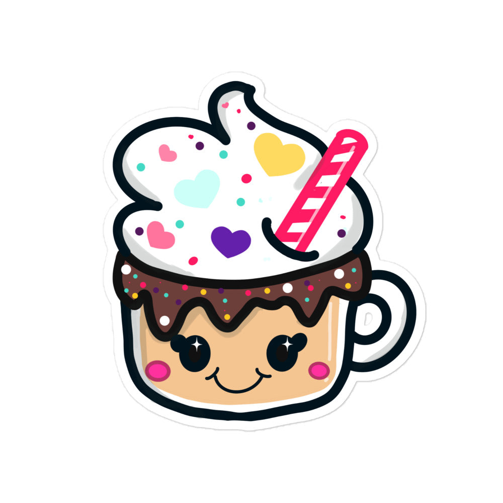 Close-up of the vibrant, colorful sticker featuring a glossy finish and detailed illustration of a smiling cocoa bean