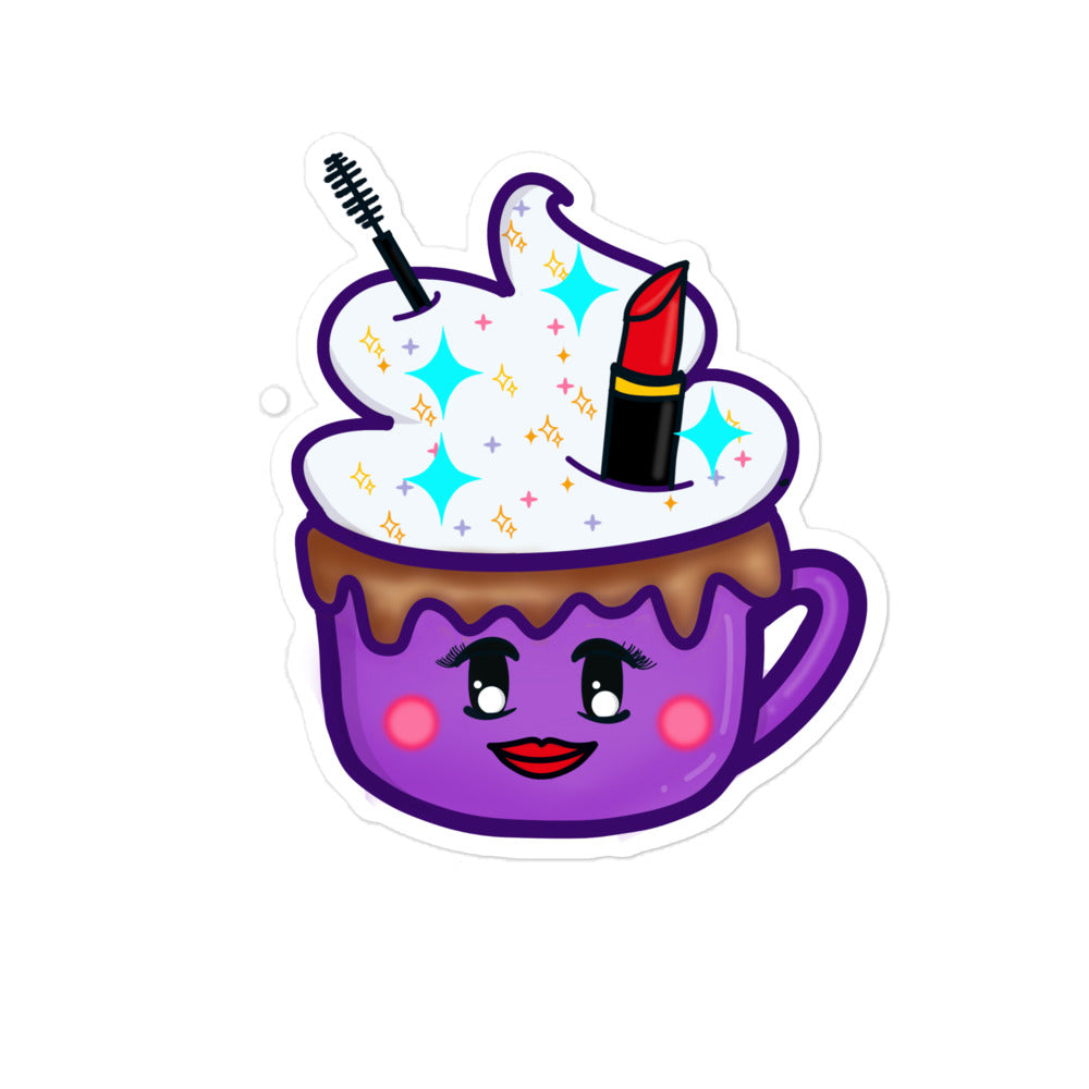 Close-up of the Girly Cocoa Cutie sticker’s glossy surface with vibrant pink and brown floral accents detailed along the