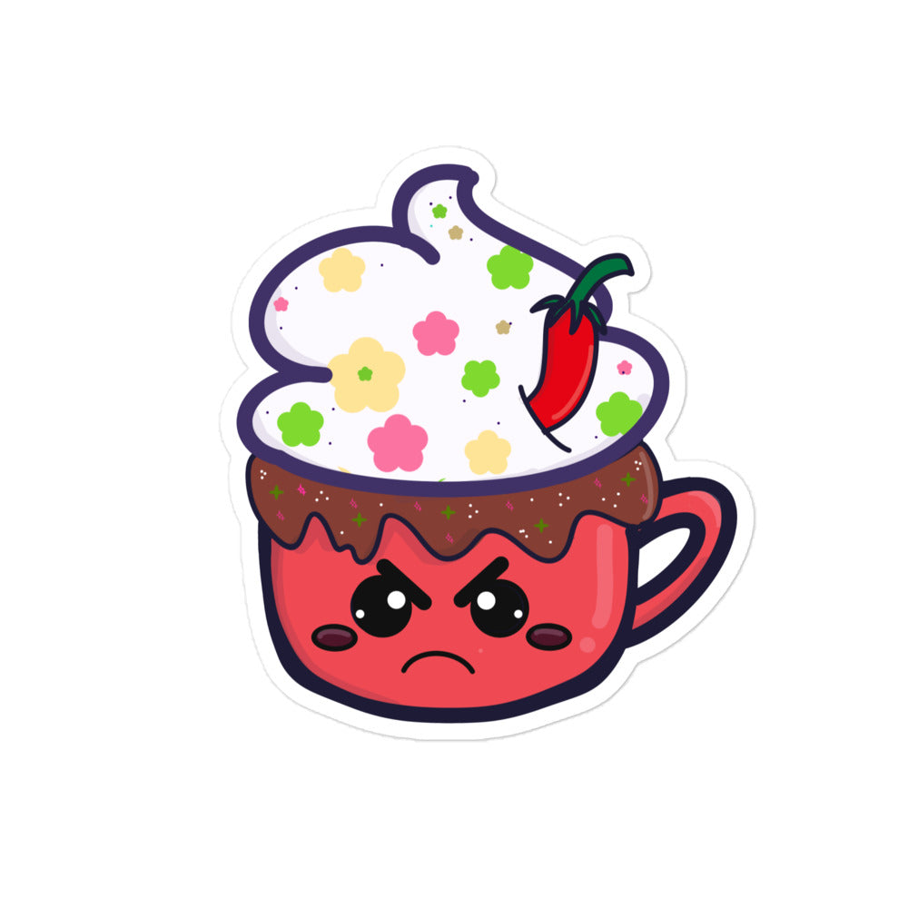 Close-up of the Spicy Cocoa sticker's textured surface with vibrant red and brown colors and intricate design details.