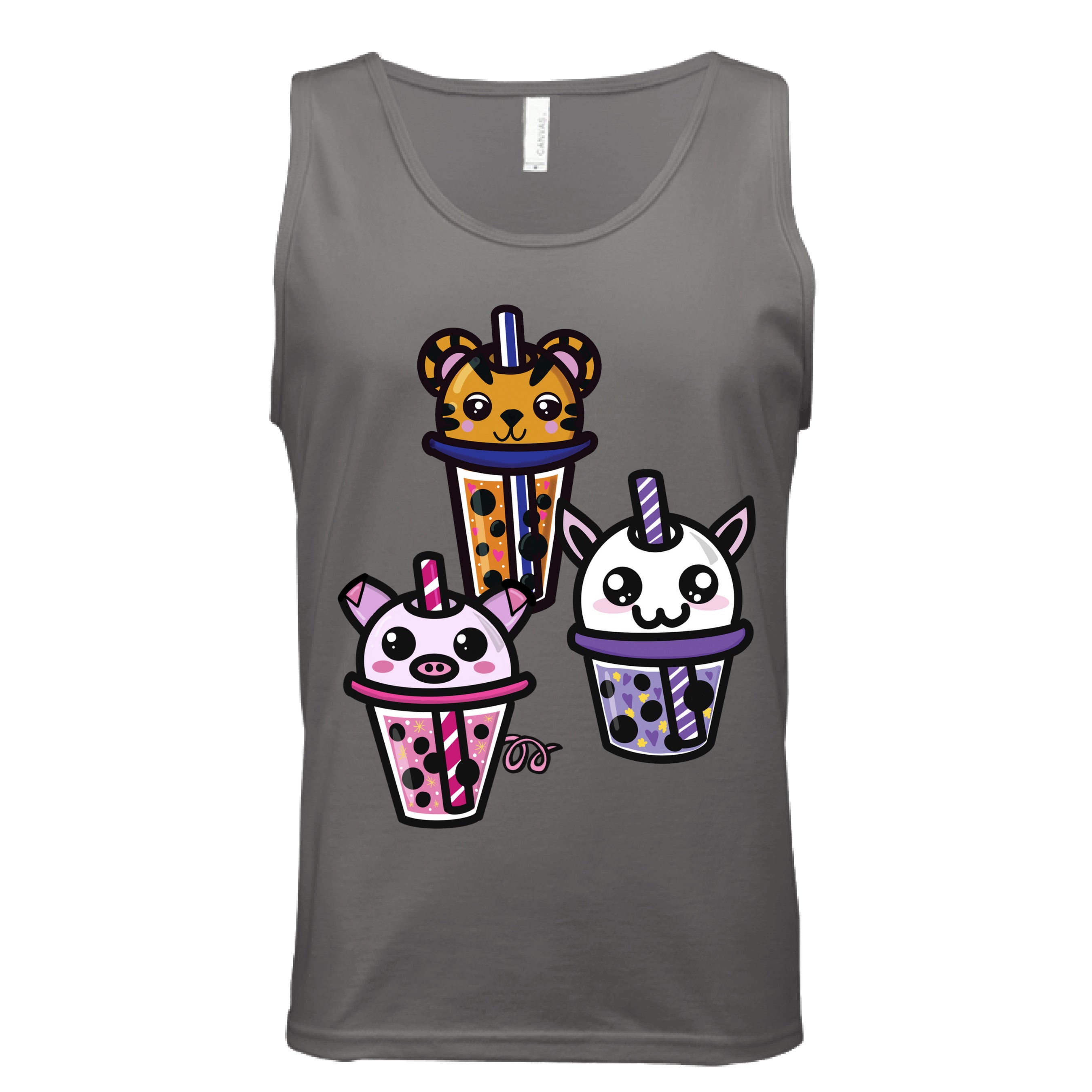 Close-up of the Boba Friends Tank's relaxed fit with vibrant teal color and subtle ribbed texture at the neckline and sleeve