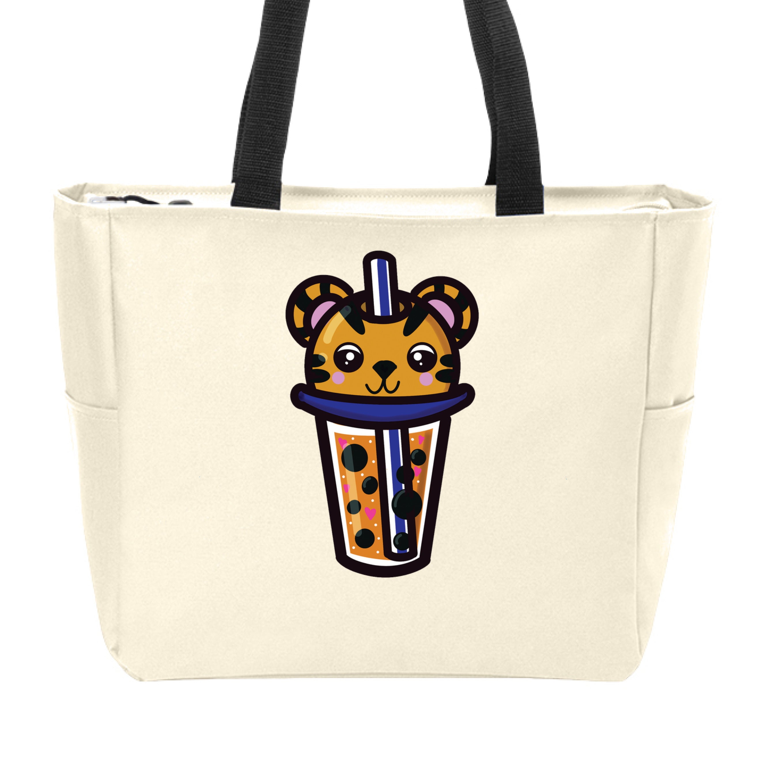 Tiger Boba Zip Tote bag featuring Dazzle & Dagger polyester design, 14x16 inches, textured black and silver printed pattern