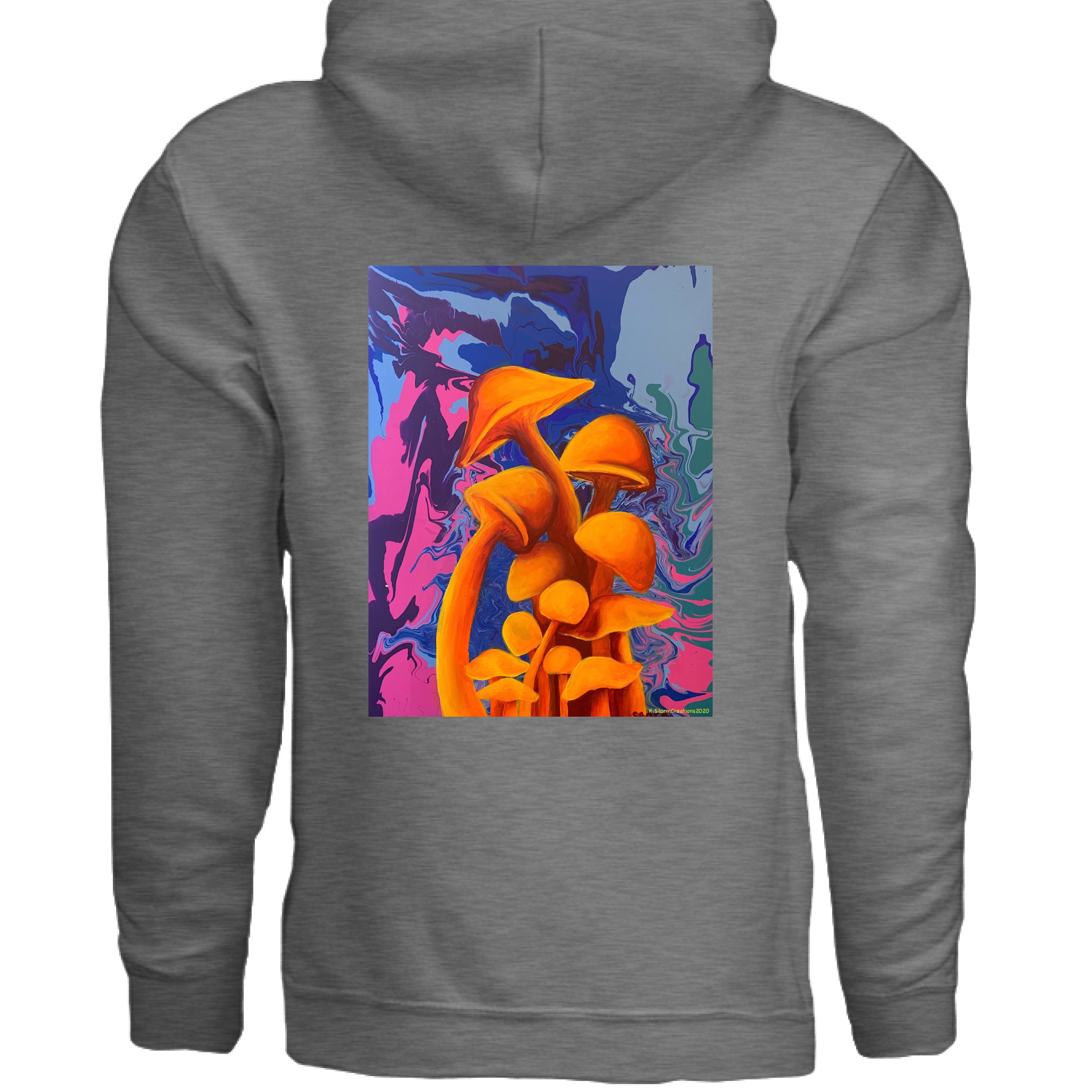 Close-up of the Mushroom hoodie’s soft cotton fabric displaying subtle black and grey marbled pattern on relaxed fit, crew