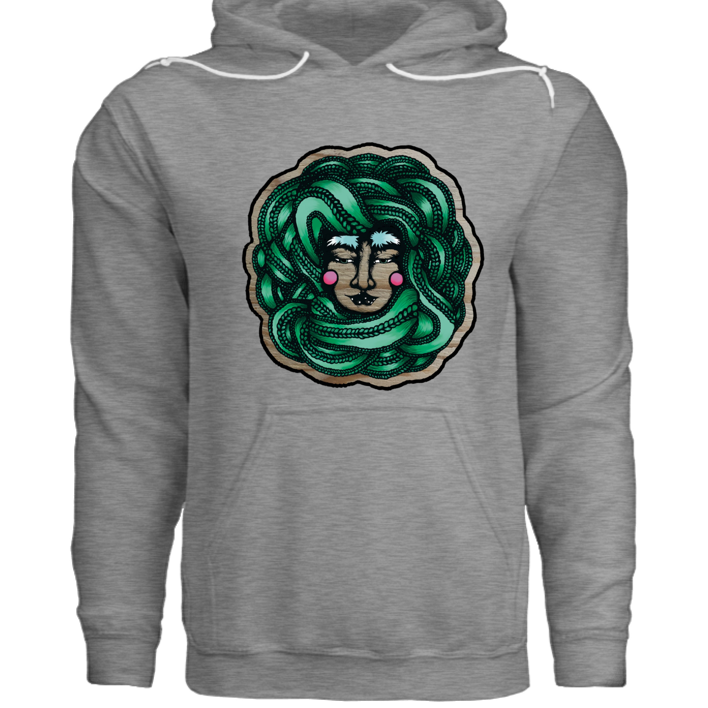 Close-up of the Winter Goddess Hoodie’s chest embroidery featuring intricate snowflake and goddess motifs in soft fleece