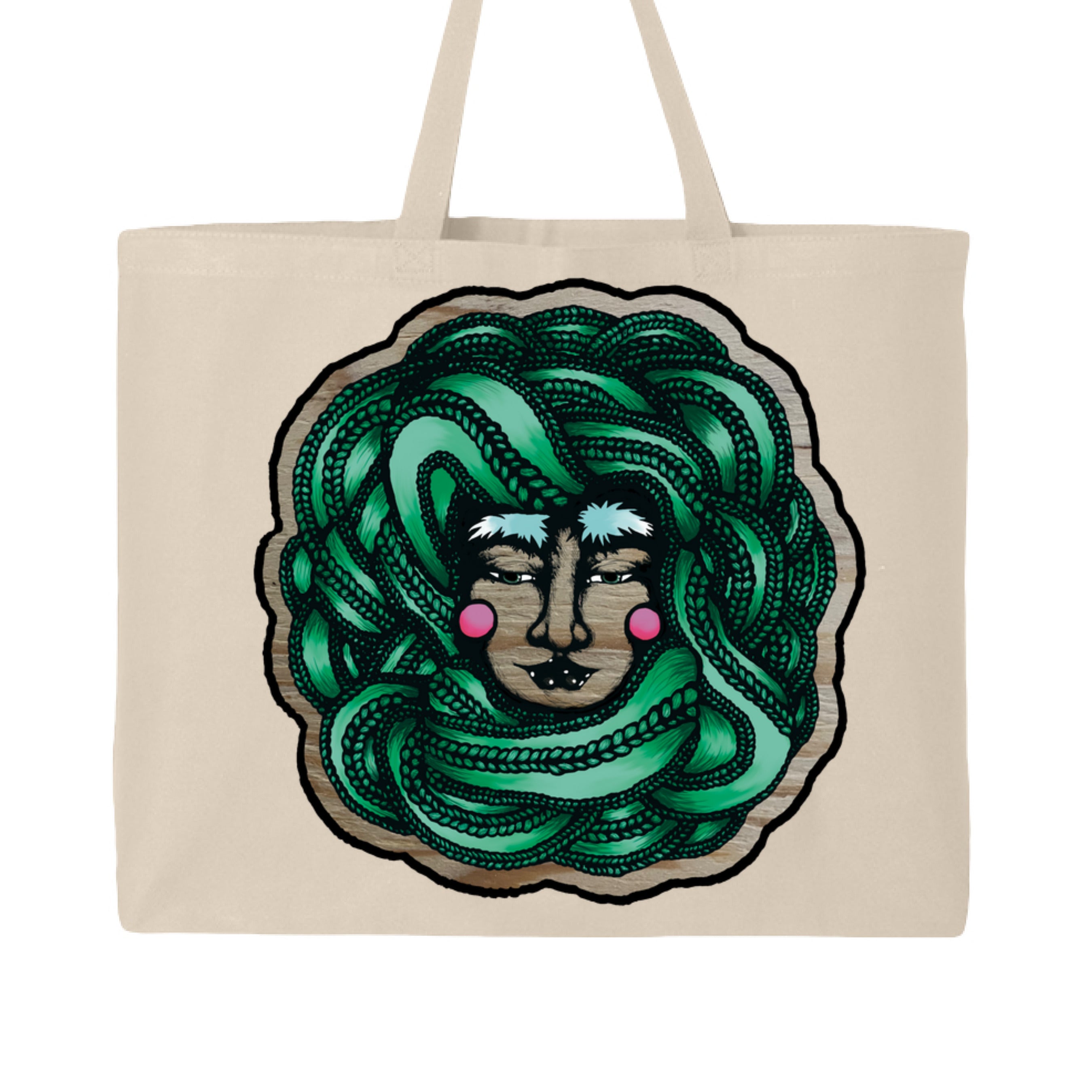 Close-up of the textured woven fabric handle with gold-tone accents and the embossed "Winter Goddess" logo on the tote's