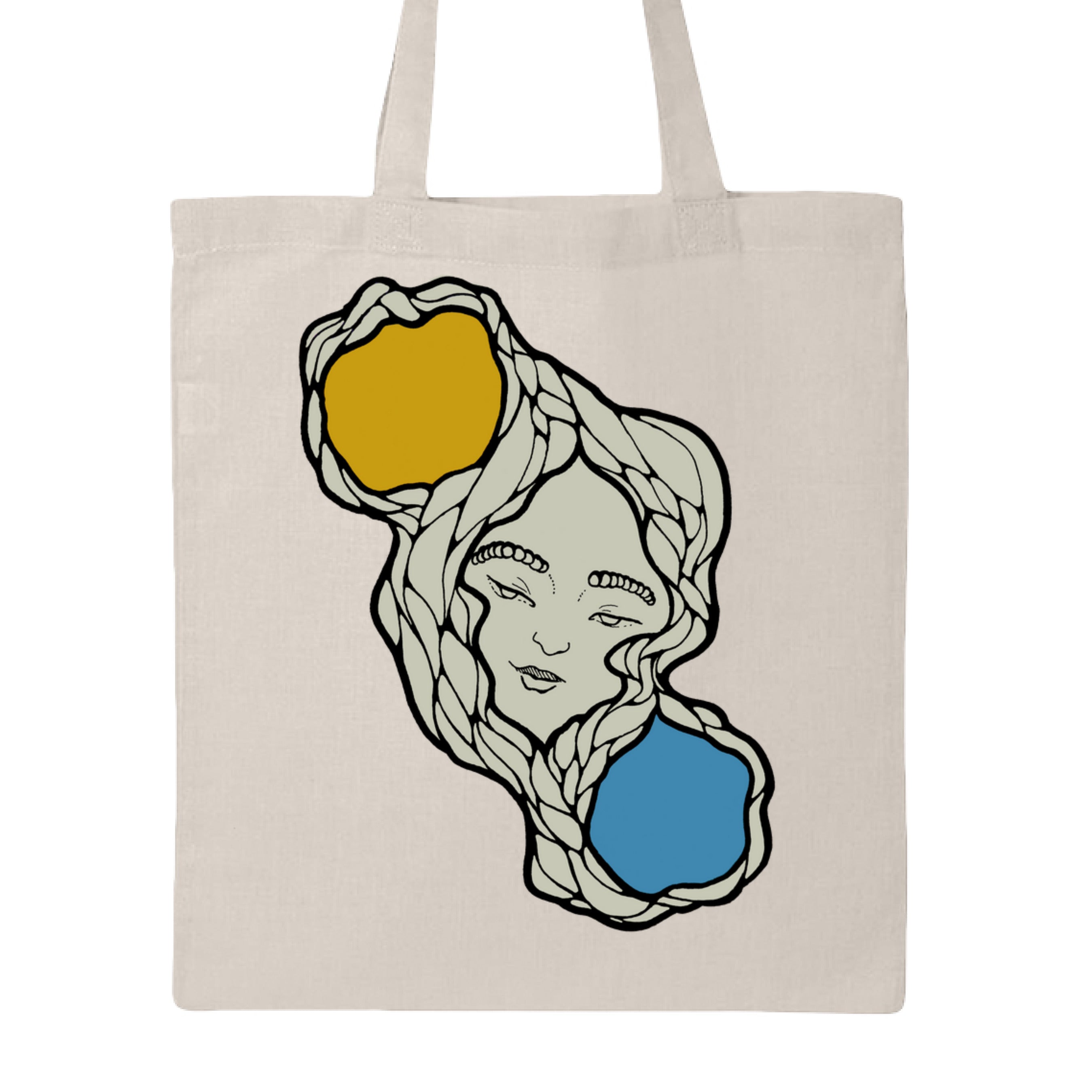 Close-up of the Sun & Moon Tote's textured cotton fabric with woven black and white stitching detail around the top edge.