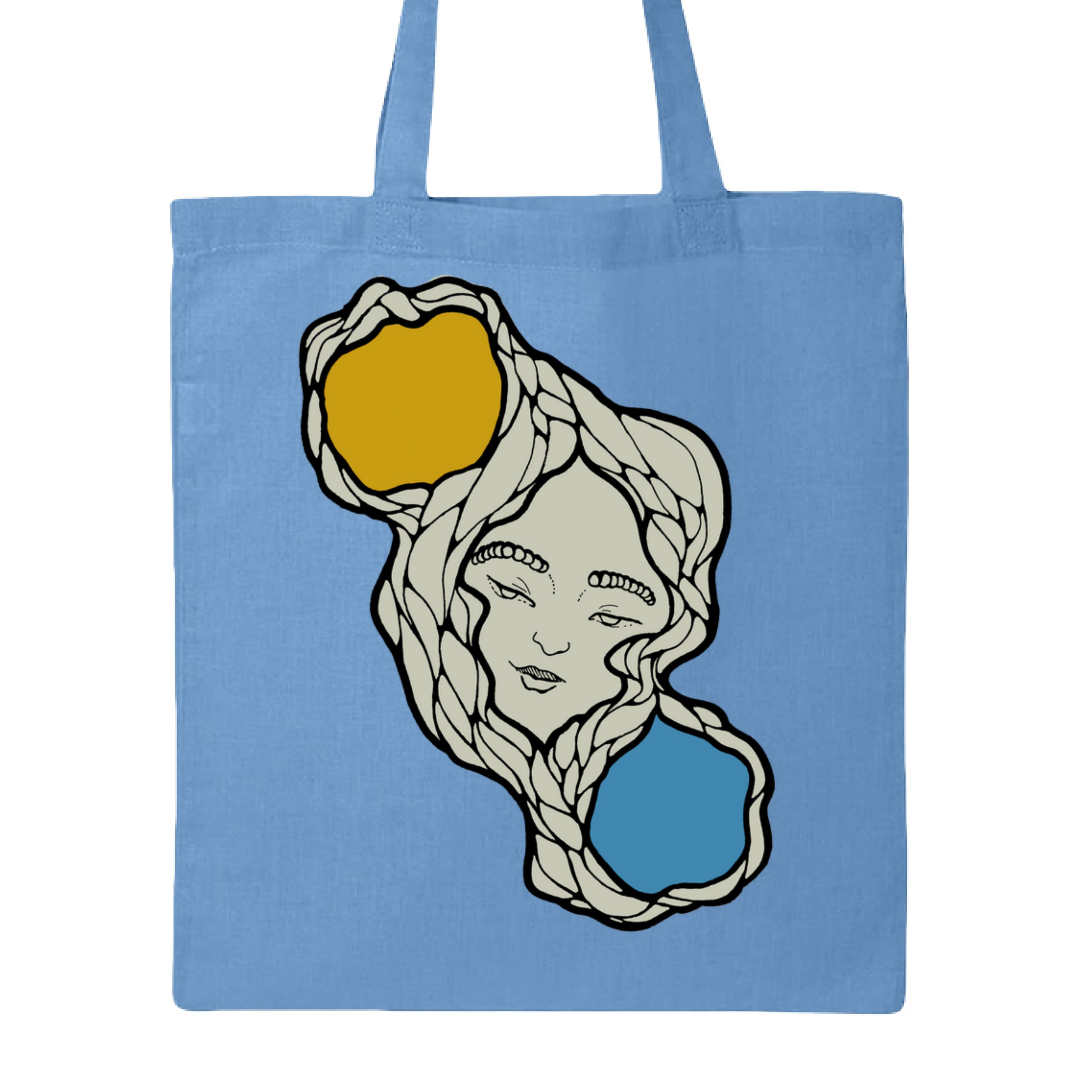 Front top corner view showcasing the vibrant sun and moon print on textured canvas tote bag with reinforced handles