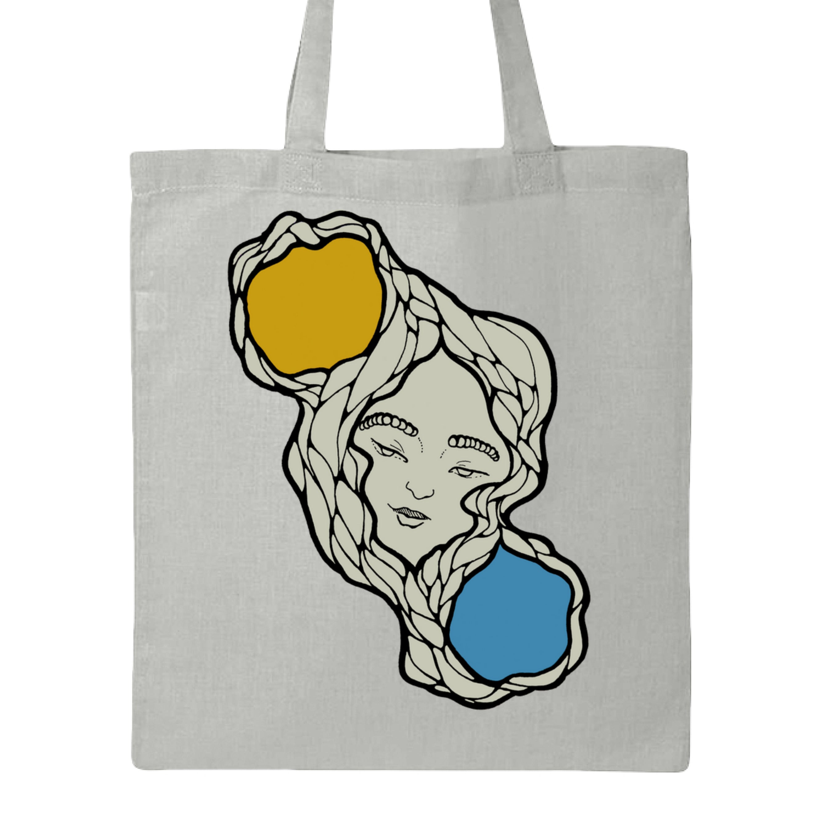 Close-up of the Sun & Moon Tote's textured woven fabric with visible stitching and vibrant yellow and navy color accents.