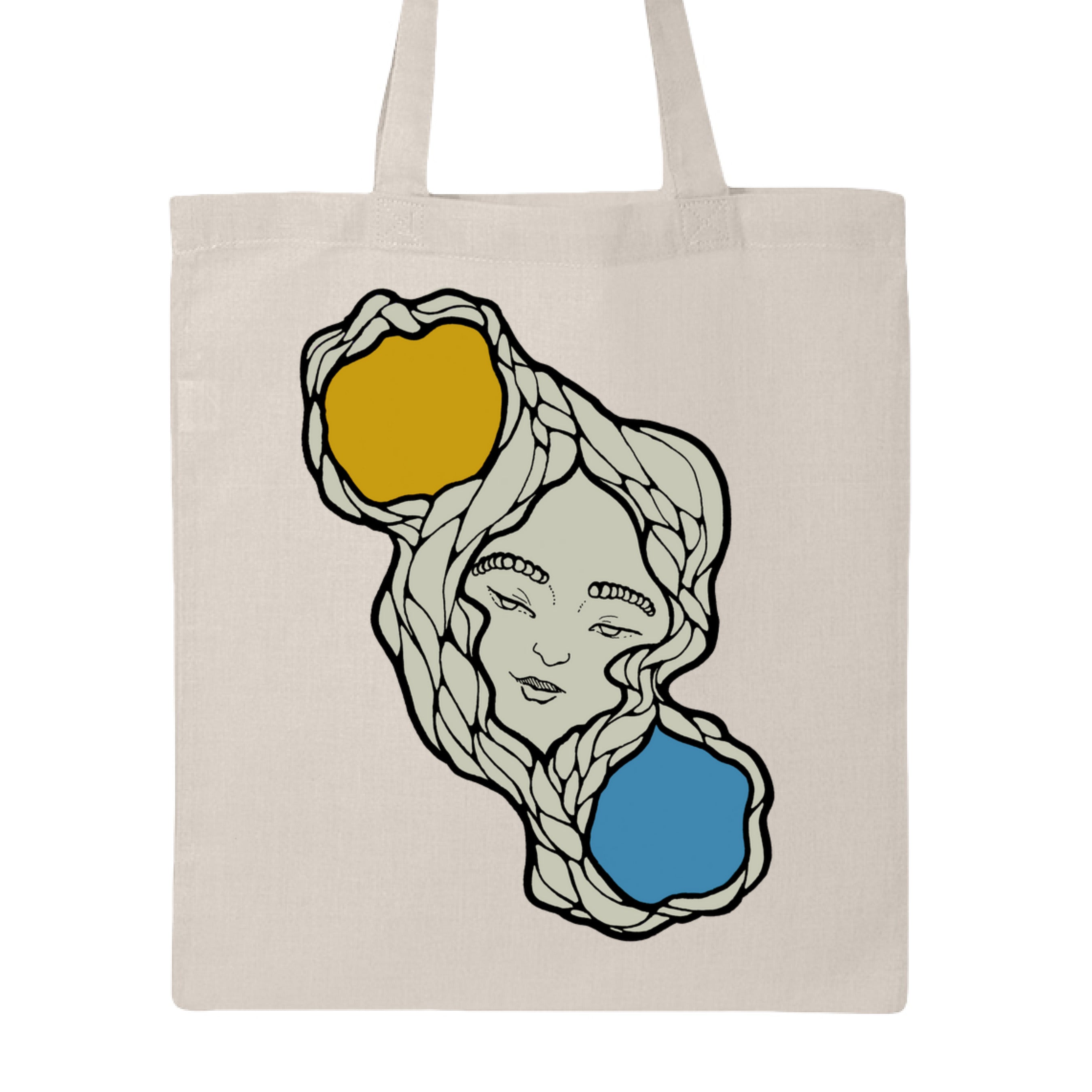 Close-up of the Sun & Moon Tote's textured canvas handle with reinforced stitching and visible embossed logo detail.