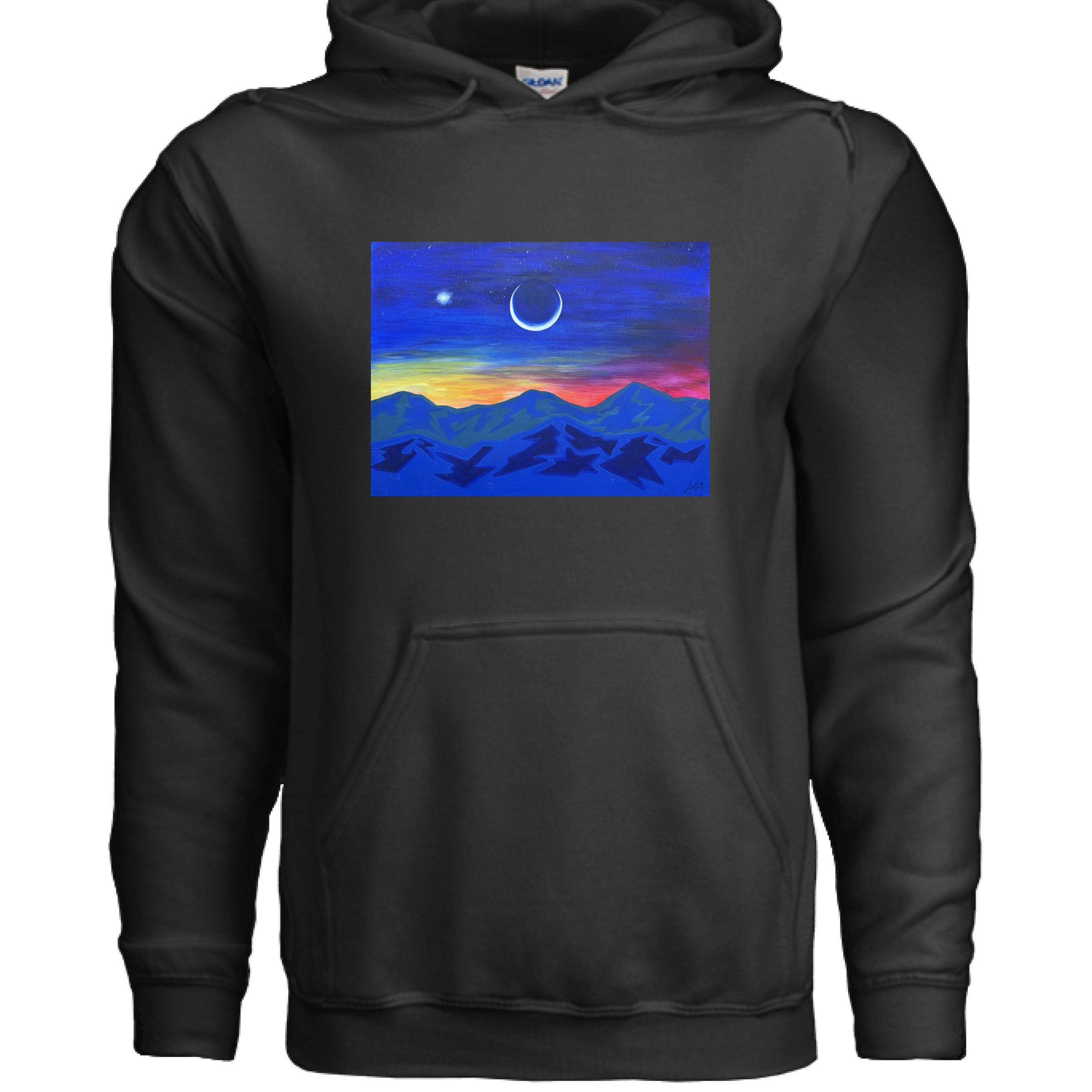 Close-up of the Moon In Venus hoodie’s vibrant midnight blue fabric with visible textured knit details and subtle stitched