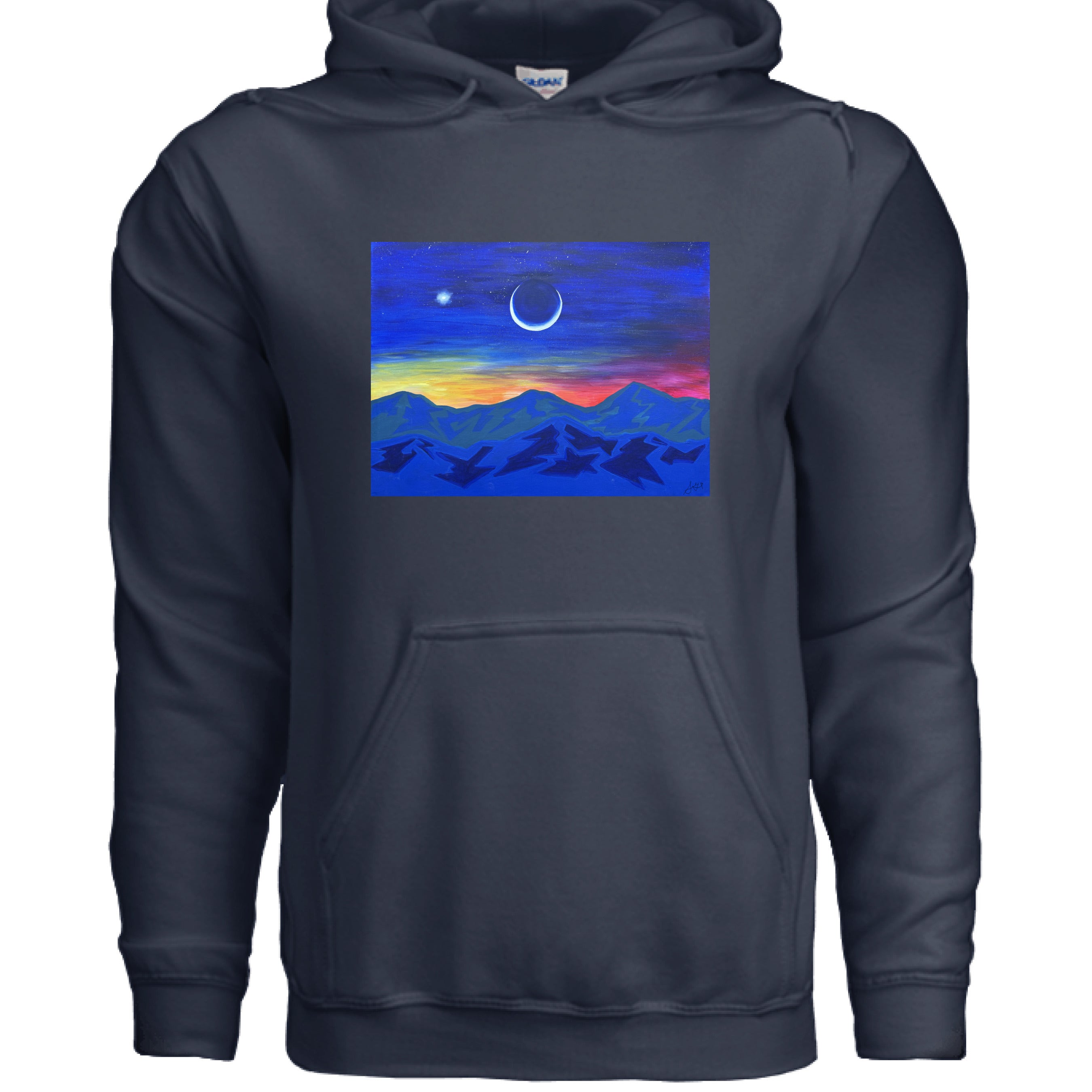 Moon In Venus hoodie made of soft organic cotton in dark navy with subtle textured print, branded by The Art Collective