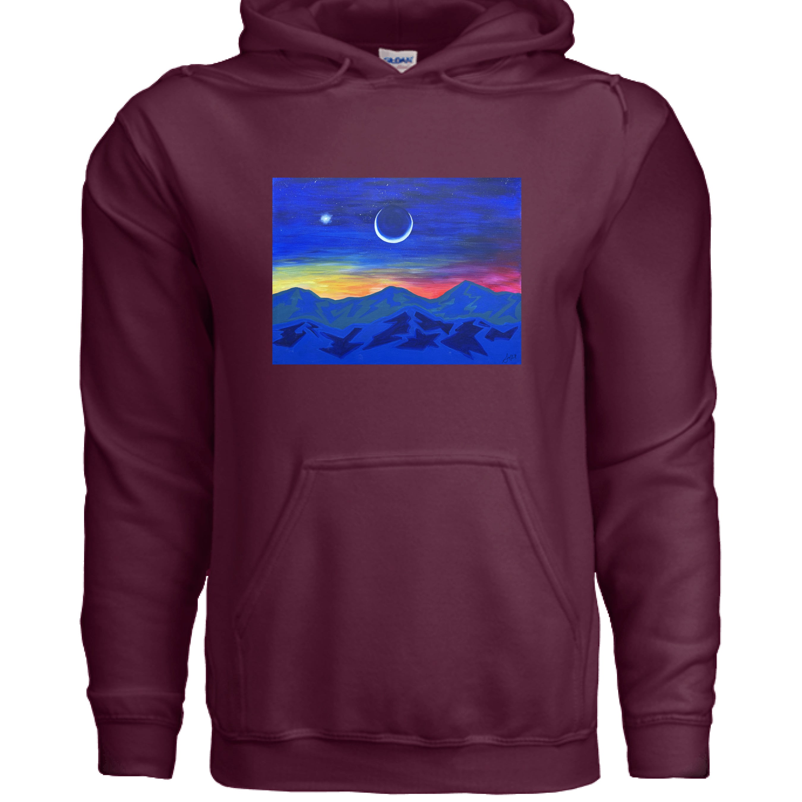 Close-up of the Moon In Venus hoodie’s soft, textured fabric showing deep navy color and subtle stitching details from a