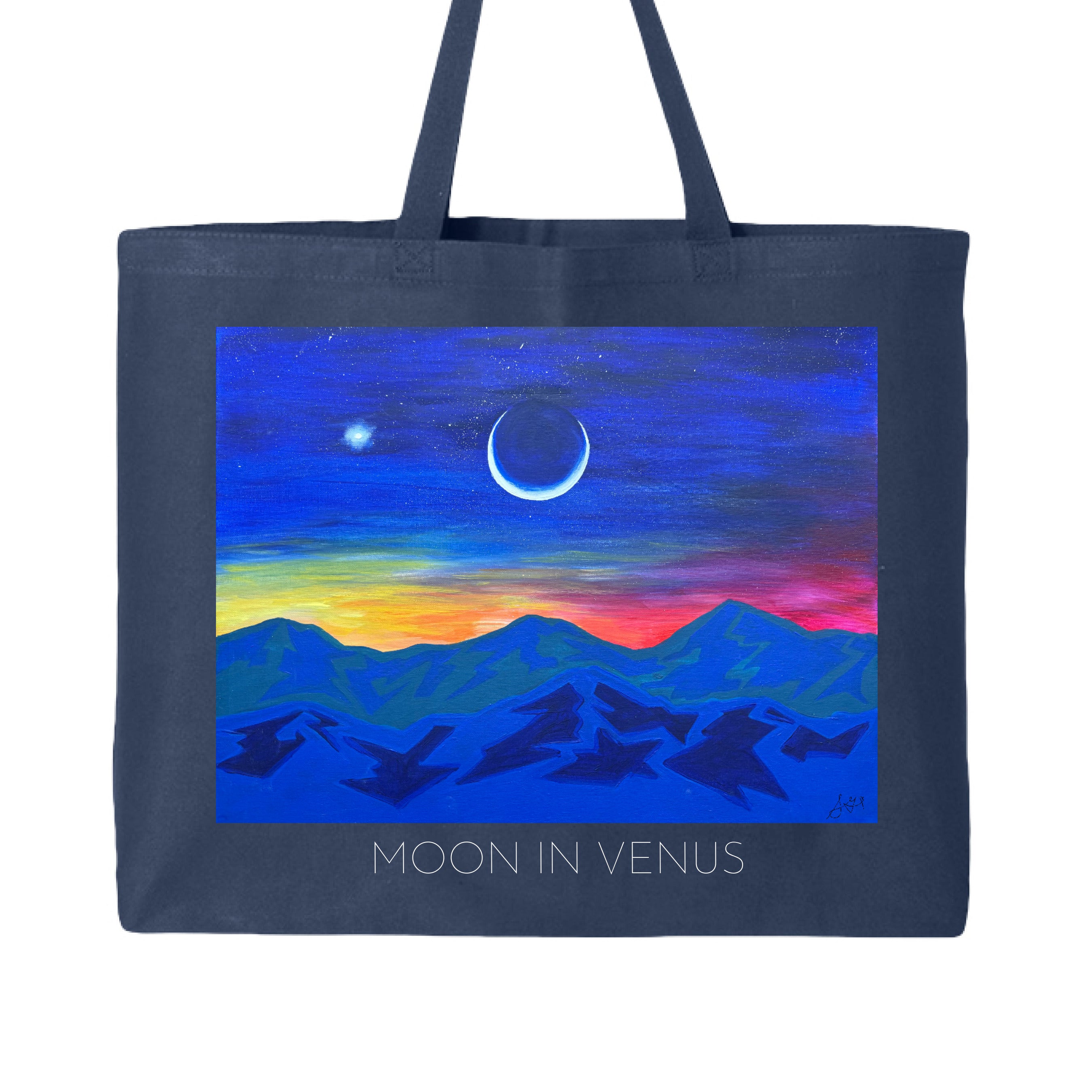 Close-up of the Moon In Venus jumbo tote’s sturdy woven handles and textured canvas fabric in deep navy with subtle print