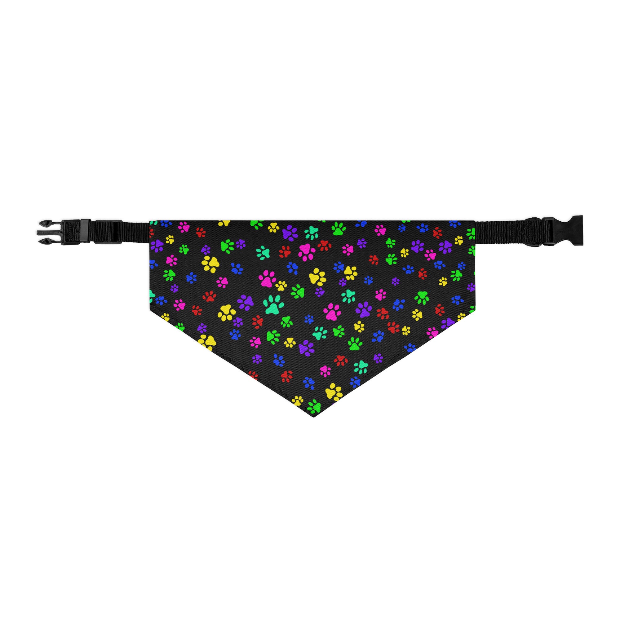 Paws on Paws pet bandana collar with adjustable nylon strap and colorful cotton fabric featuring paw print pattern, by The